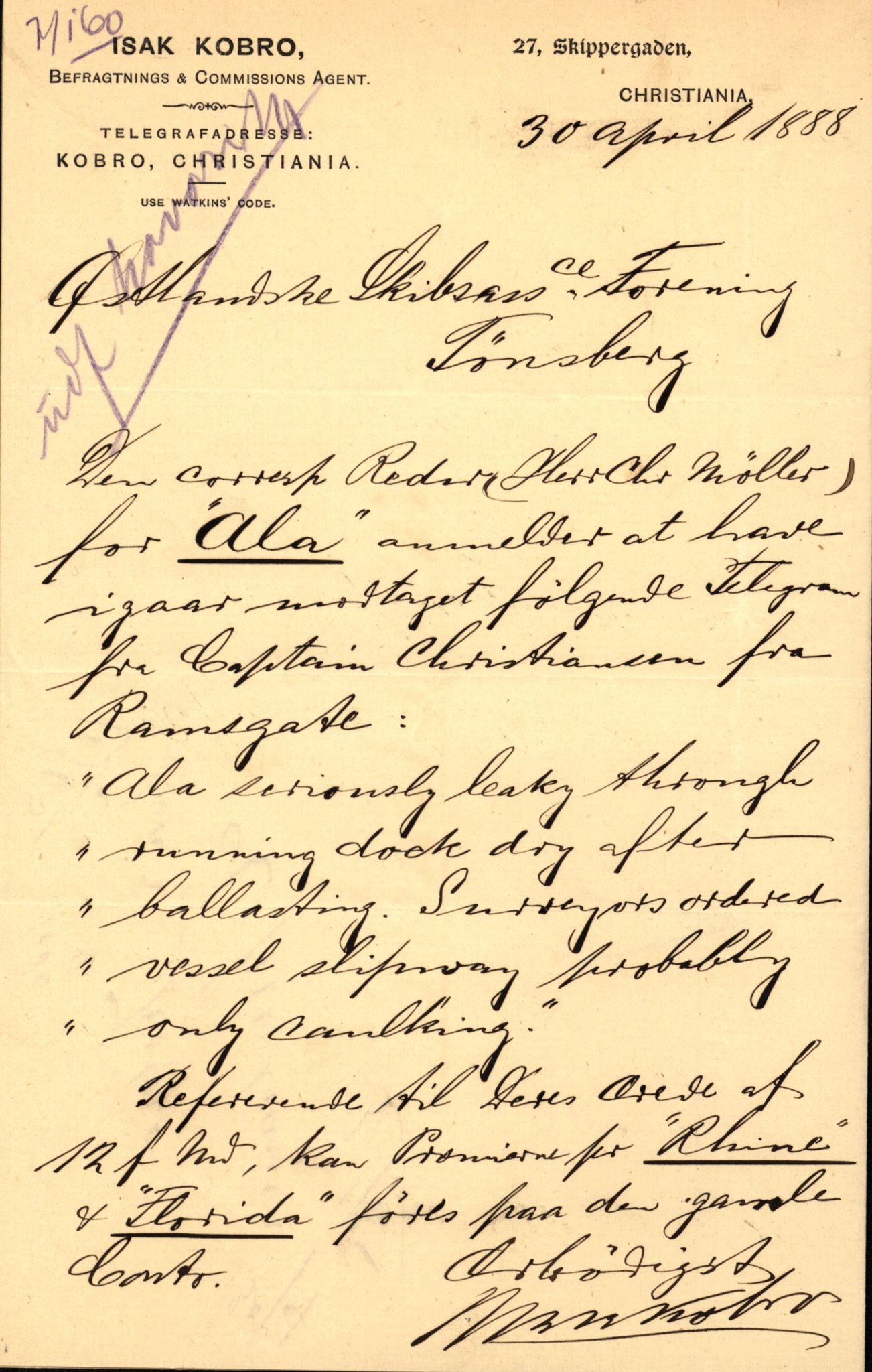 Pa 63 - Østlandske skibsassuranceforening, VEMU/A-1079/G/Ga/L0021/0012: Havaridokumenter / Agathe, Ala, Aalesund, Achiles, Præsident Harbitz, 1888, s. 7