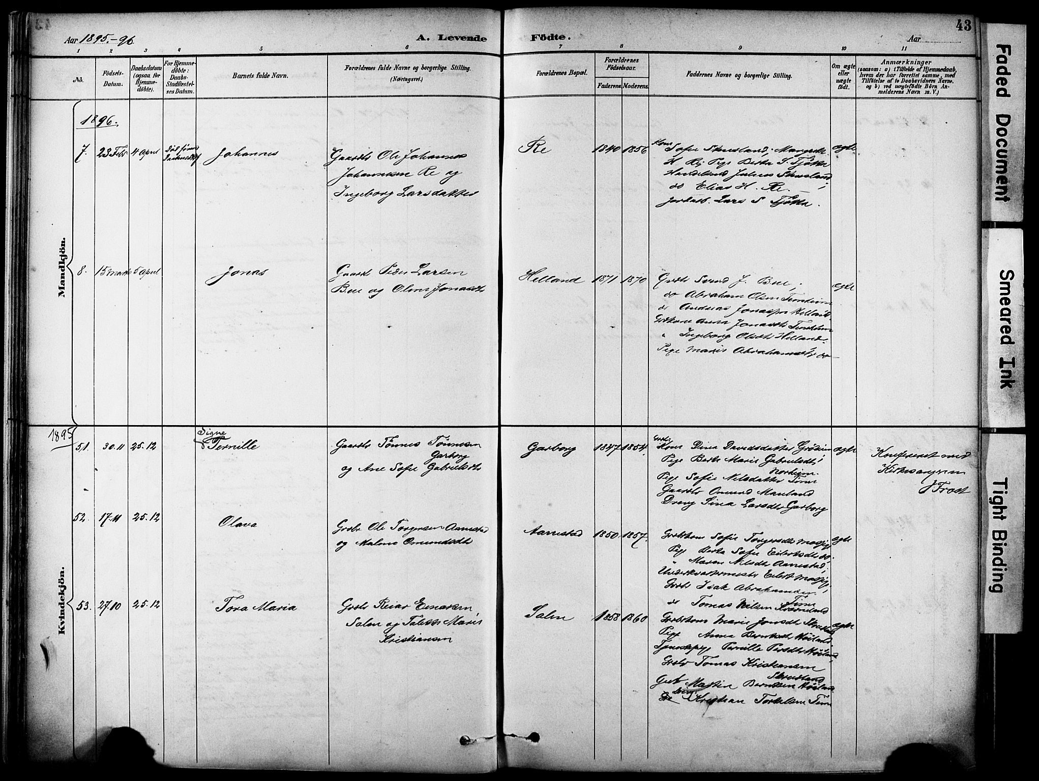 Lye sokneprestkontor, AV/SAST-A-101794/001/30BA/L0011: Ministerialbok nr. A 9, 1893-1903, s. 43