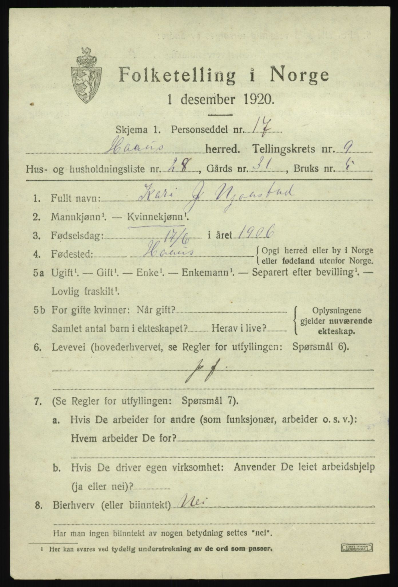 SAB, Folketelling 1920 for 1250 Haus herred, 1920, s. 5927