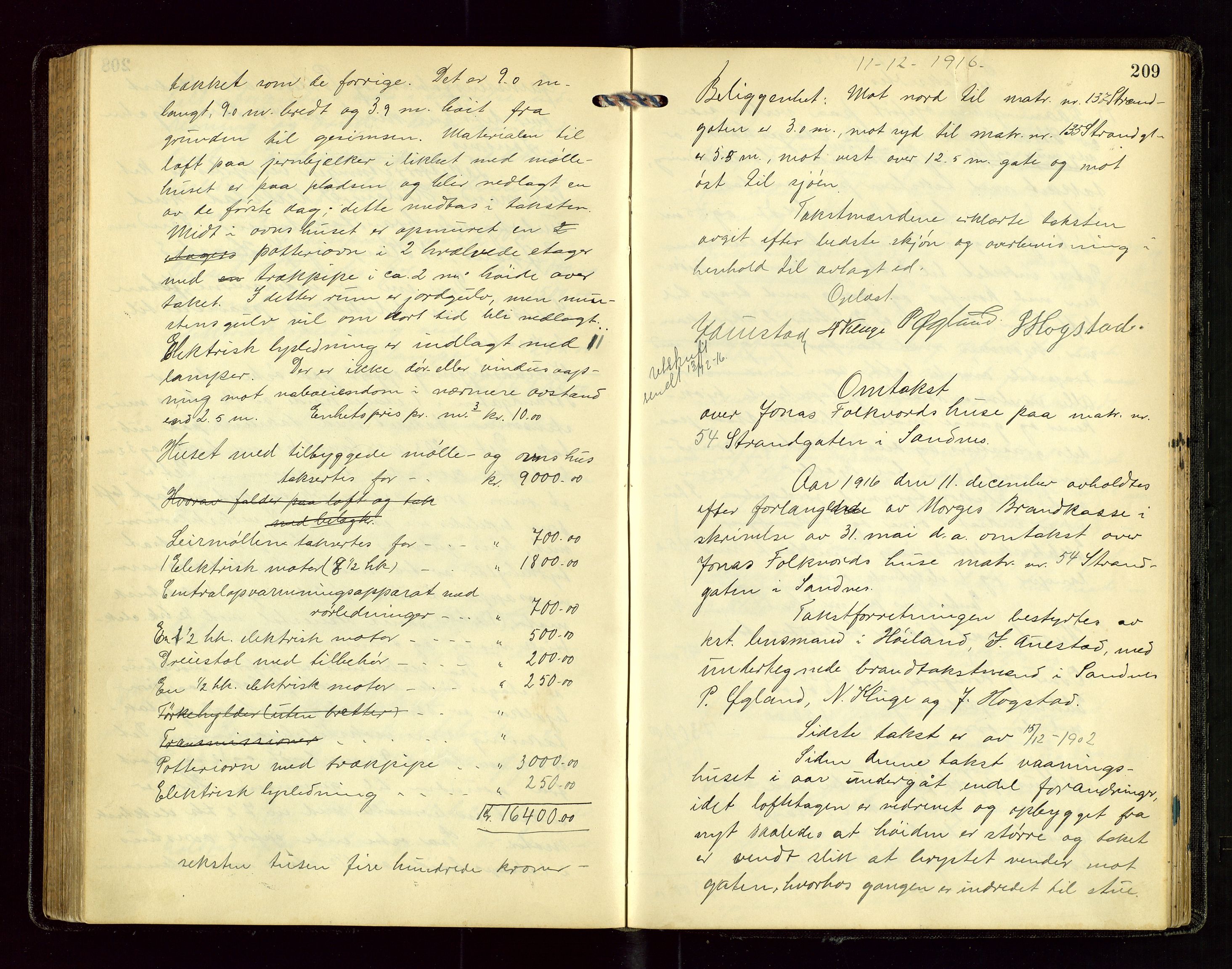 Sandnes lensmannskontor, AV/SAST-A-100167/Goa/L0001: "Brandtakstprotokol", 1913-1919, s. 208b-209a