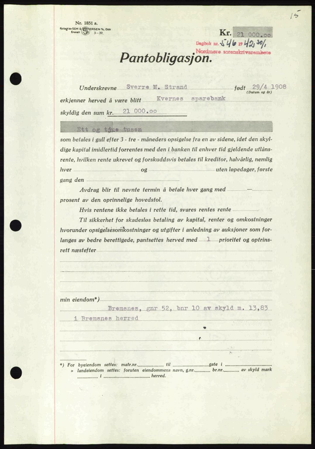 Nordmøre sorenskriveri, AV/SAT-A-4132/1/2/2Ca: Pantebok nr. B89, 1942-1942, Dagboknr: 546/1942