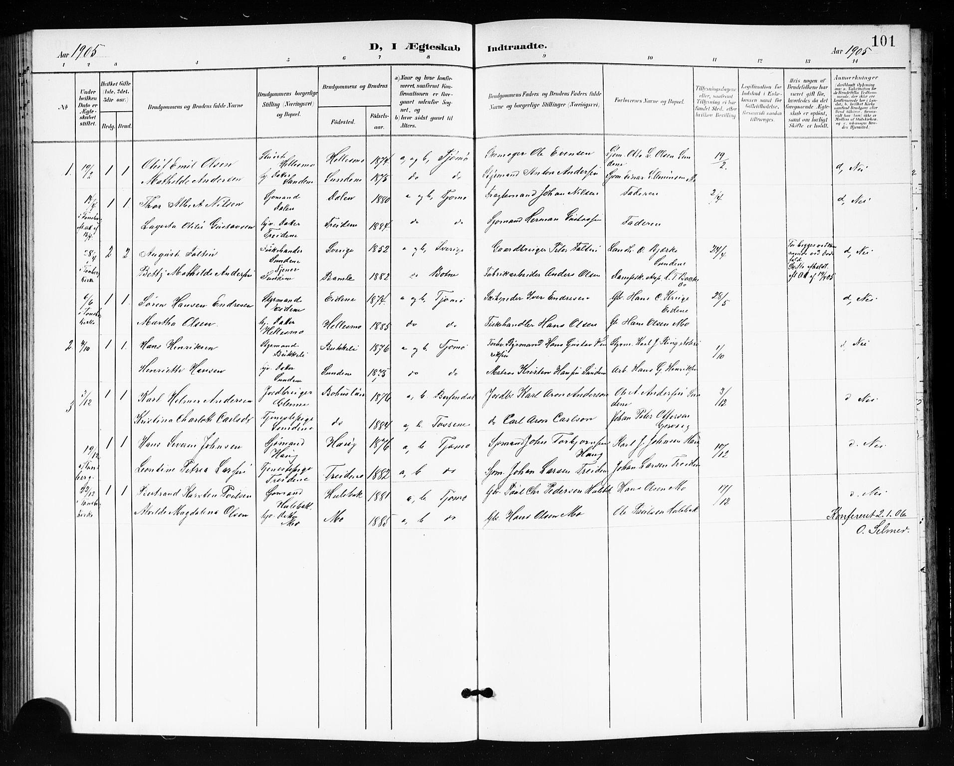 Tjøme kirkebøker, AV/SAKO-A-328/G/Ga/L0001: Klokkerbok nr. I 1, 1901-1910, s. 101