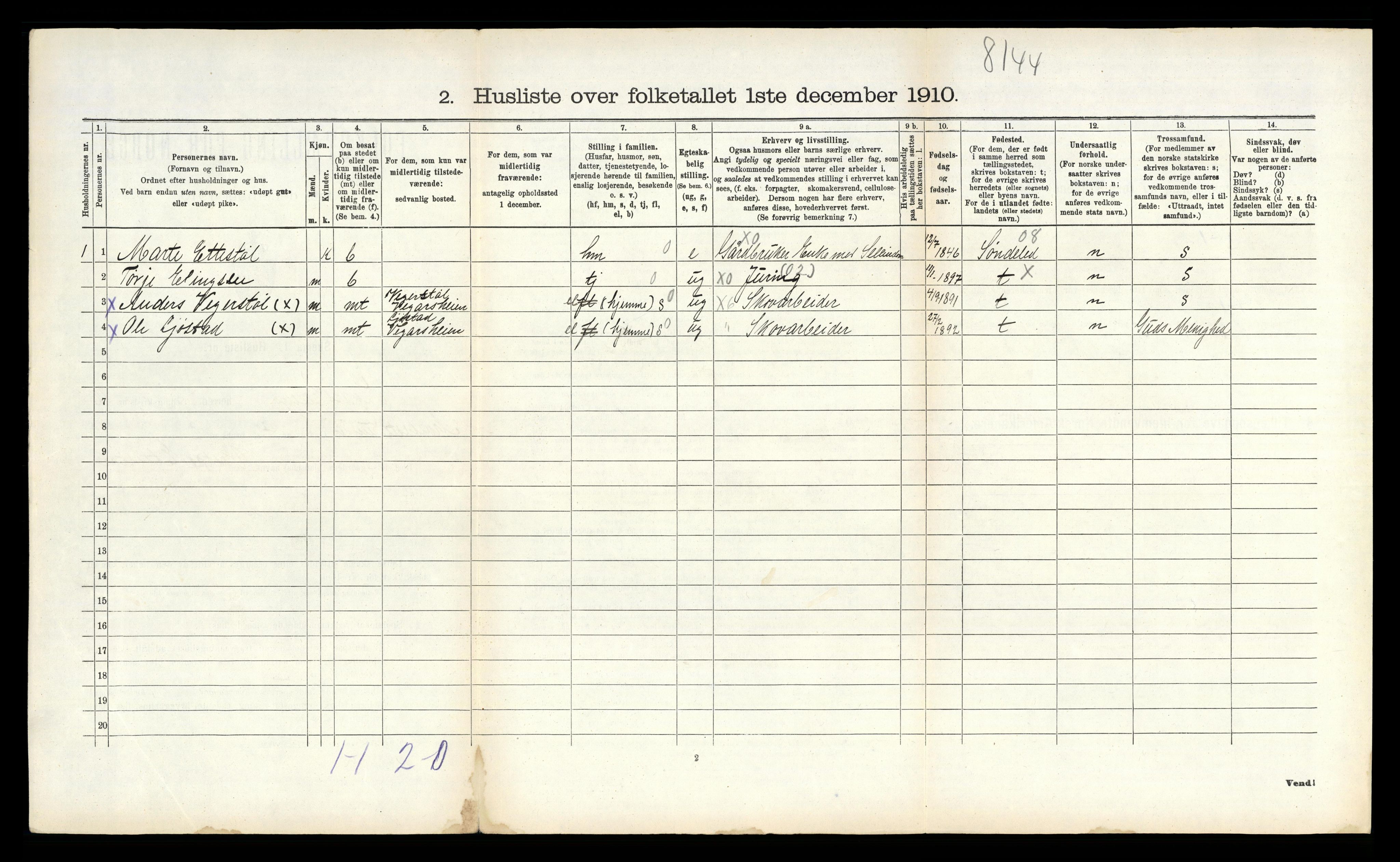 RA, Folketelling 1910 for 0912 Vegårshei herred, 1910, s. 551