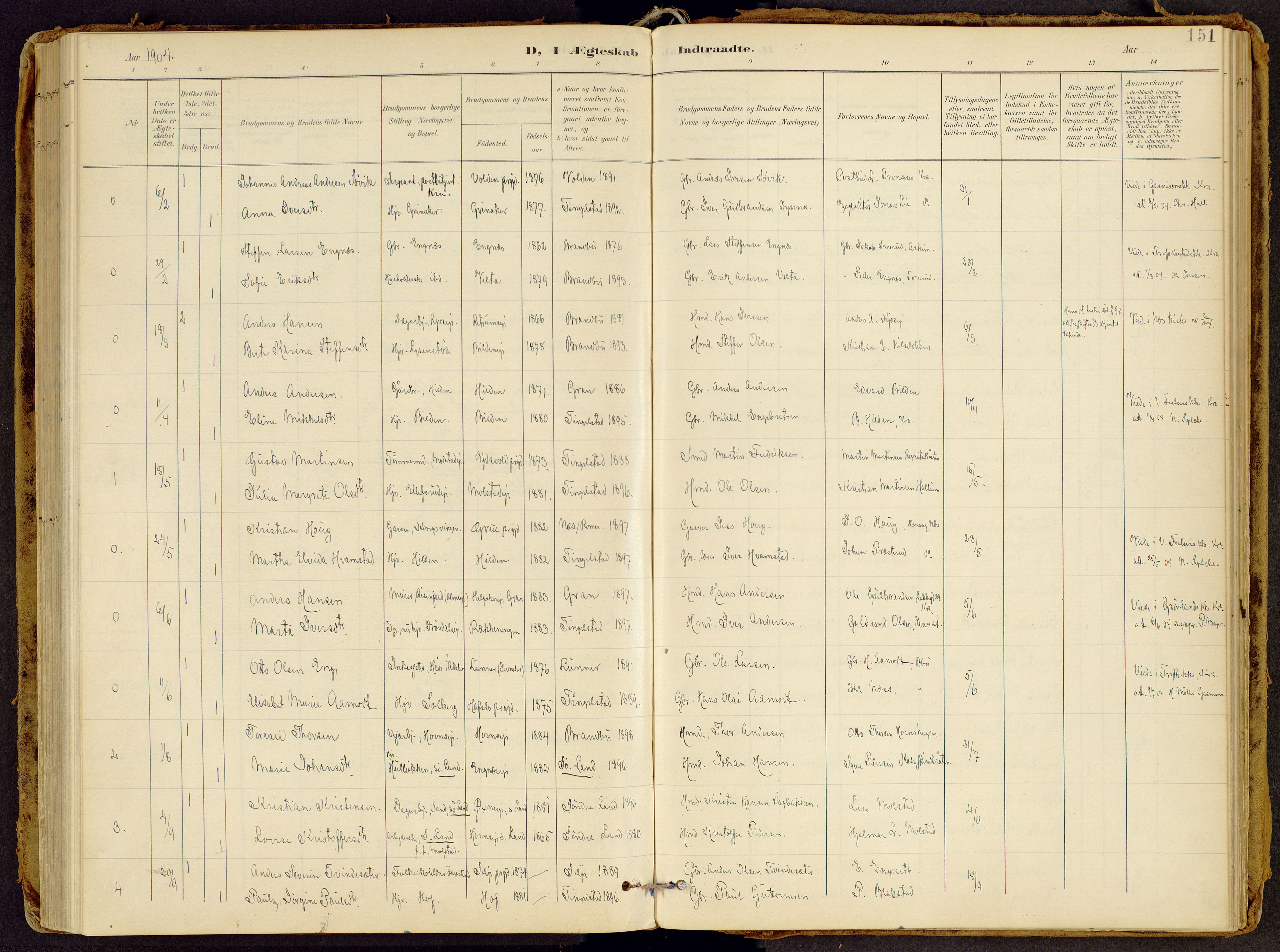Brandbu prestekontor, AV/SAH-PREST-114/H/Ha/Haa/L0002: Ministerialbok nr. 2, 1899-1914, s. 151