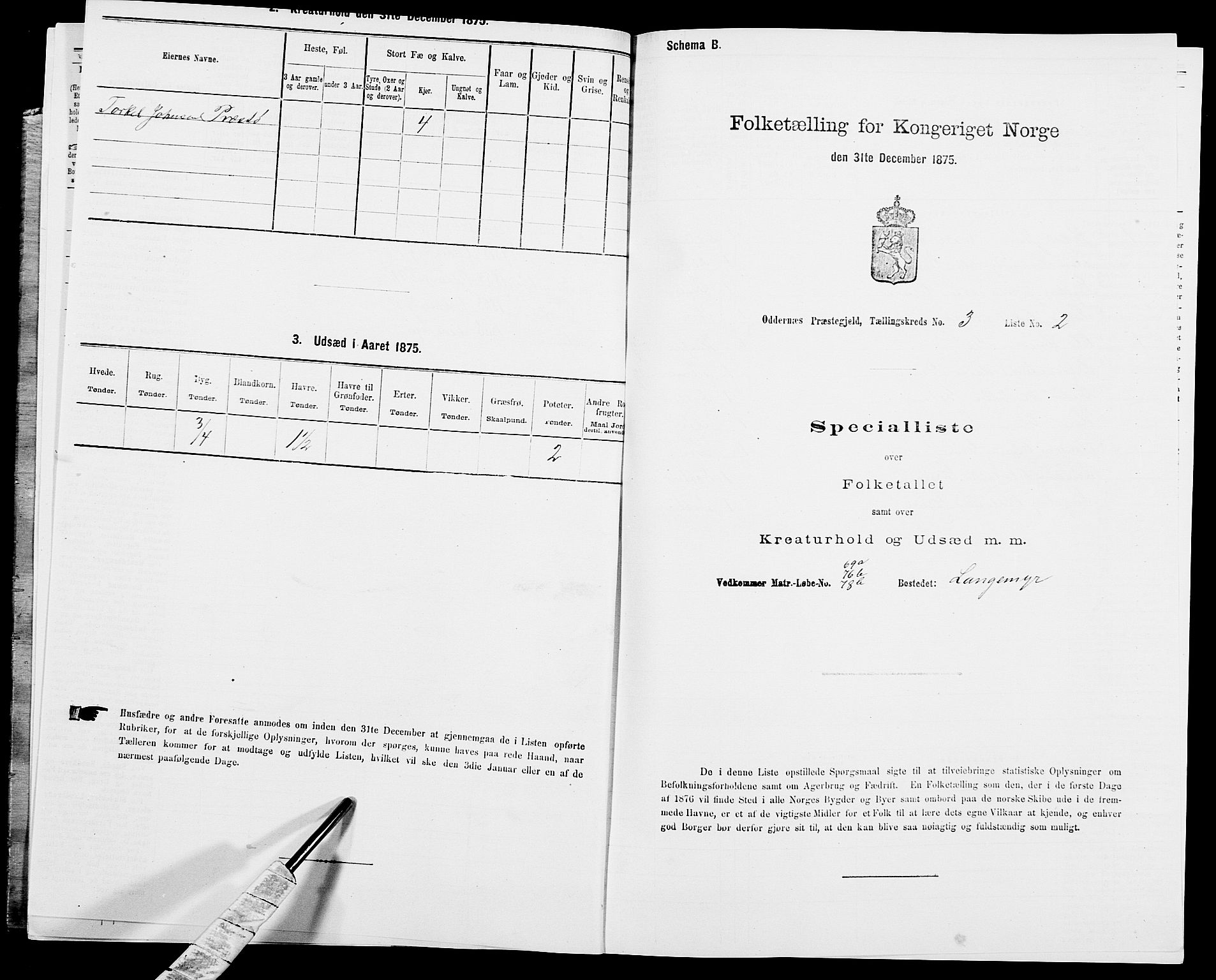 SAK, Folketelling 1875 for 1012P Oddernes prestegjeld, 1875, s. 435