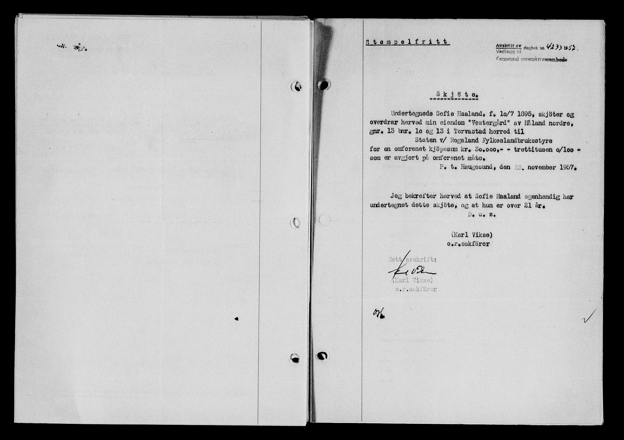 Karmsund sorenskriveri, SAST/A-100311/01/II/IIB/L0127: Pantebok nr. 107A, 1957-1958, Dagboknr: 4233/1957