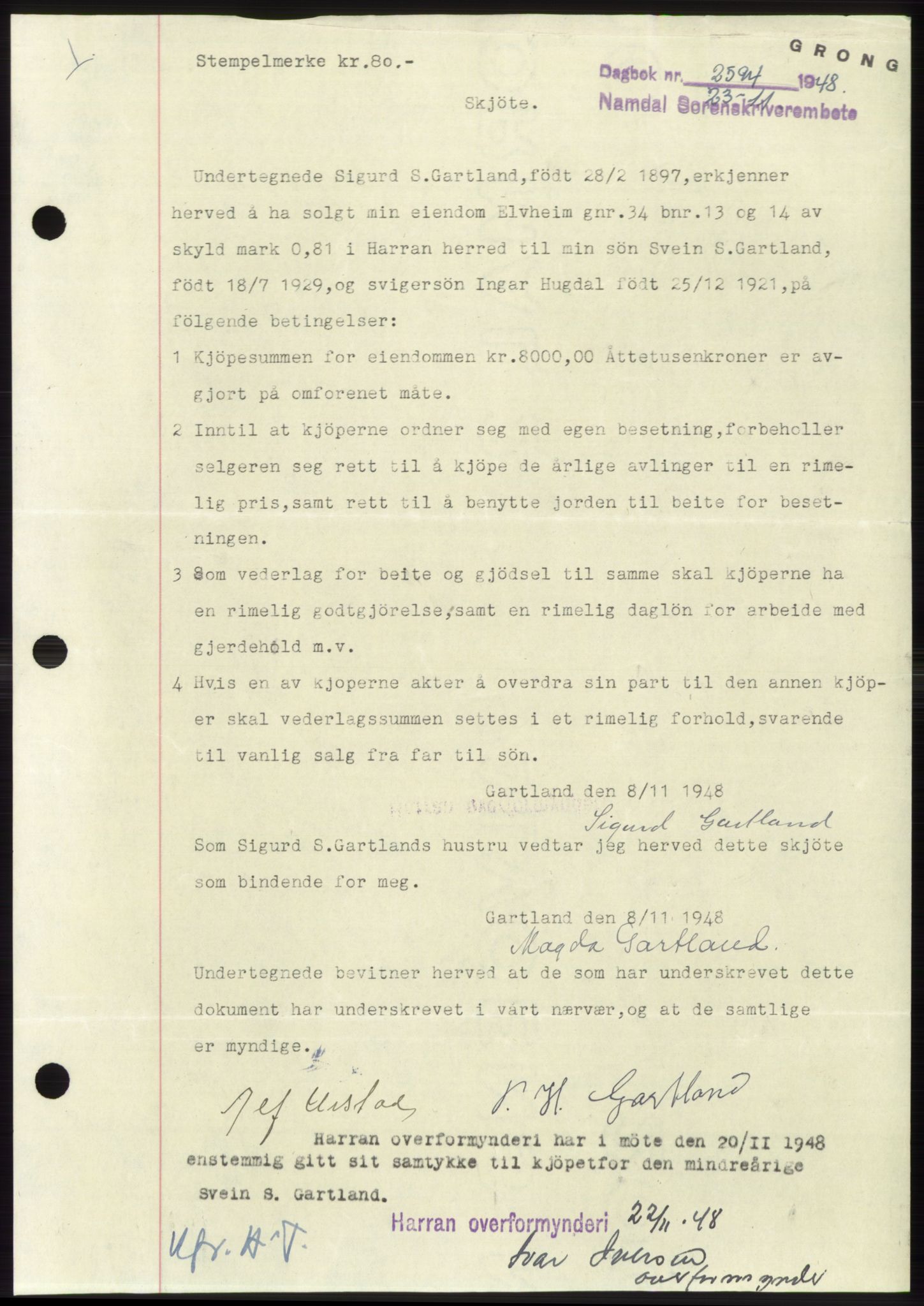 Namdal sorenskriveri, SAT/A-4133/1/2/2C: Pantebok nr. -, 1948-1948, Dagboknr: 2594/1948