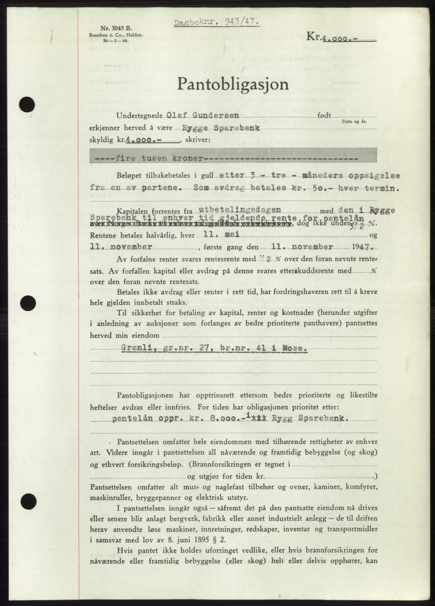 Moss sorenskriveri, SAO/A-10168: Pantebok nr. B17, 1947-1947, Dagboknr: 943/1947