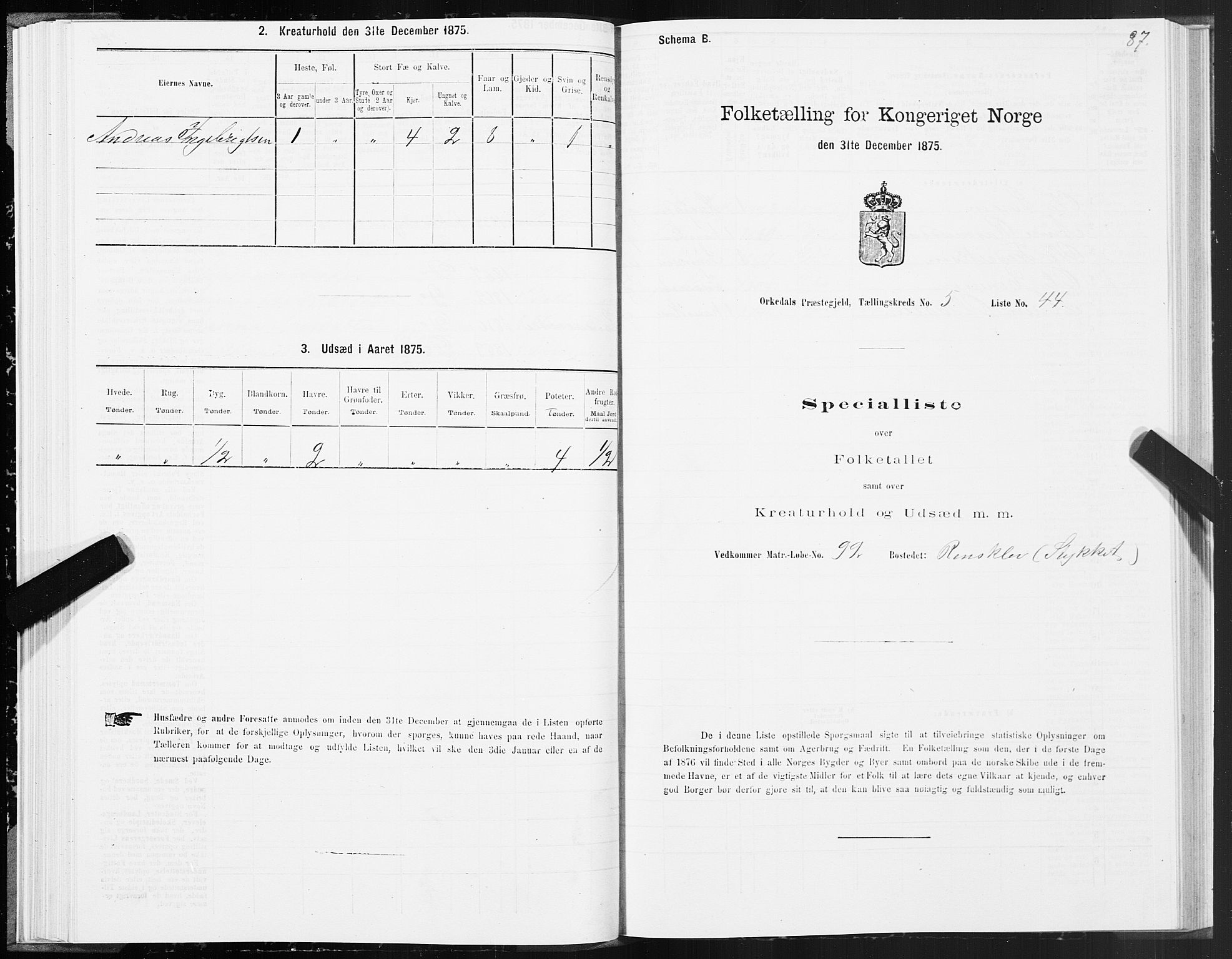 SAT, Folketelling 1875 for 1638P Orkdal prestegjeld, 1875, s. 3087