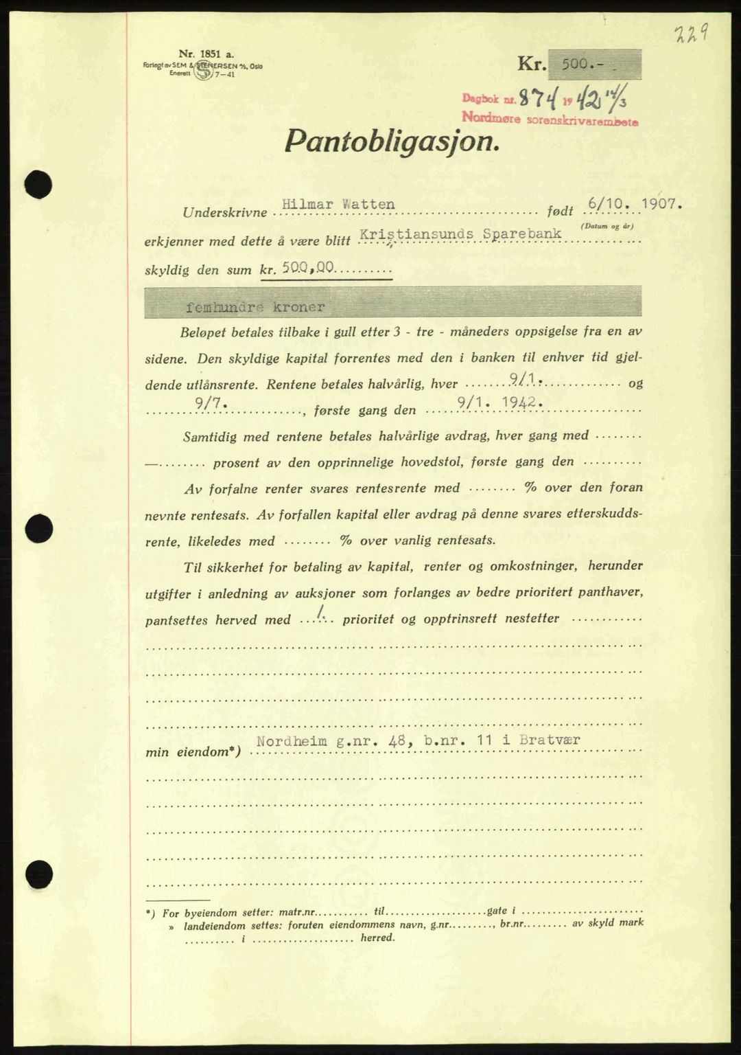 Nordmøre sorenskriveri, AV/SAT-A-4132/1/2/2Ca: Pantebok nr. B89, 1942-1942, Dagboknr: 874/1942