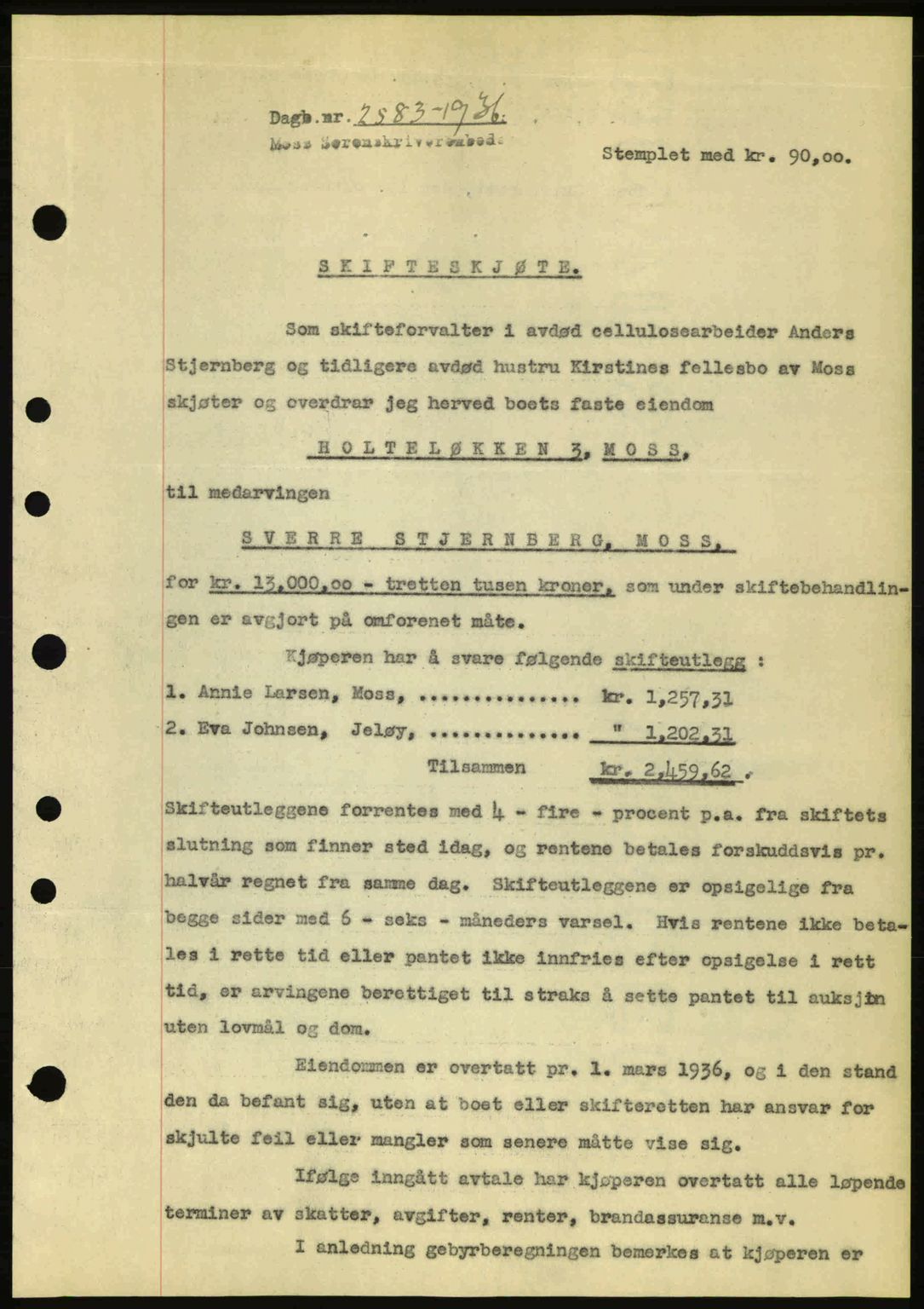 Moss sorenskriveri, SAO/A-10168: Pantebok nr. A2, 1936-1937, Dagboknr: 2583/1936