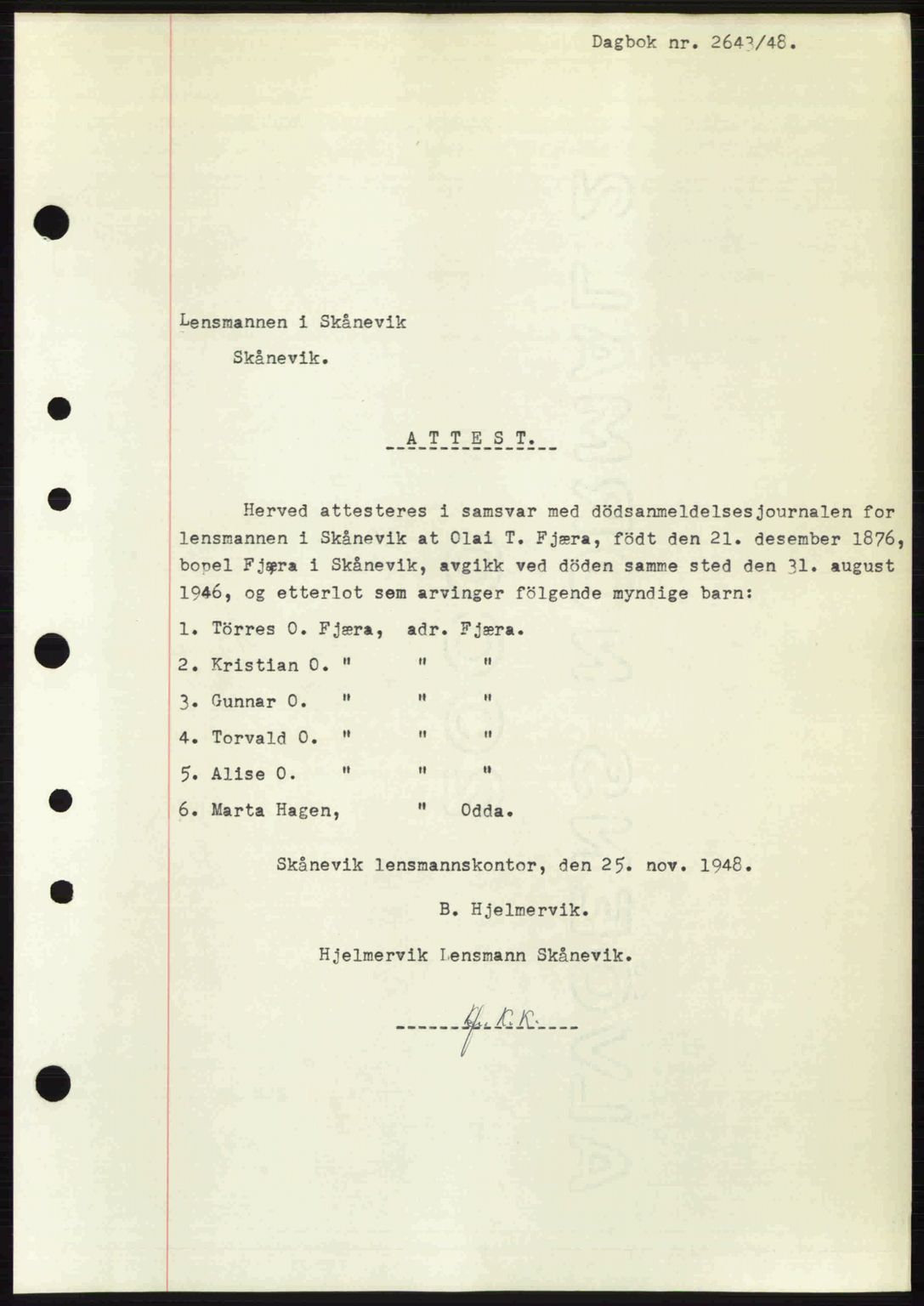 Sunnhordland sorenskrivar, AV/SAB-A-2401: Pantebok nr. A88, 1948-1949, Dagboknr: 2643/1948