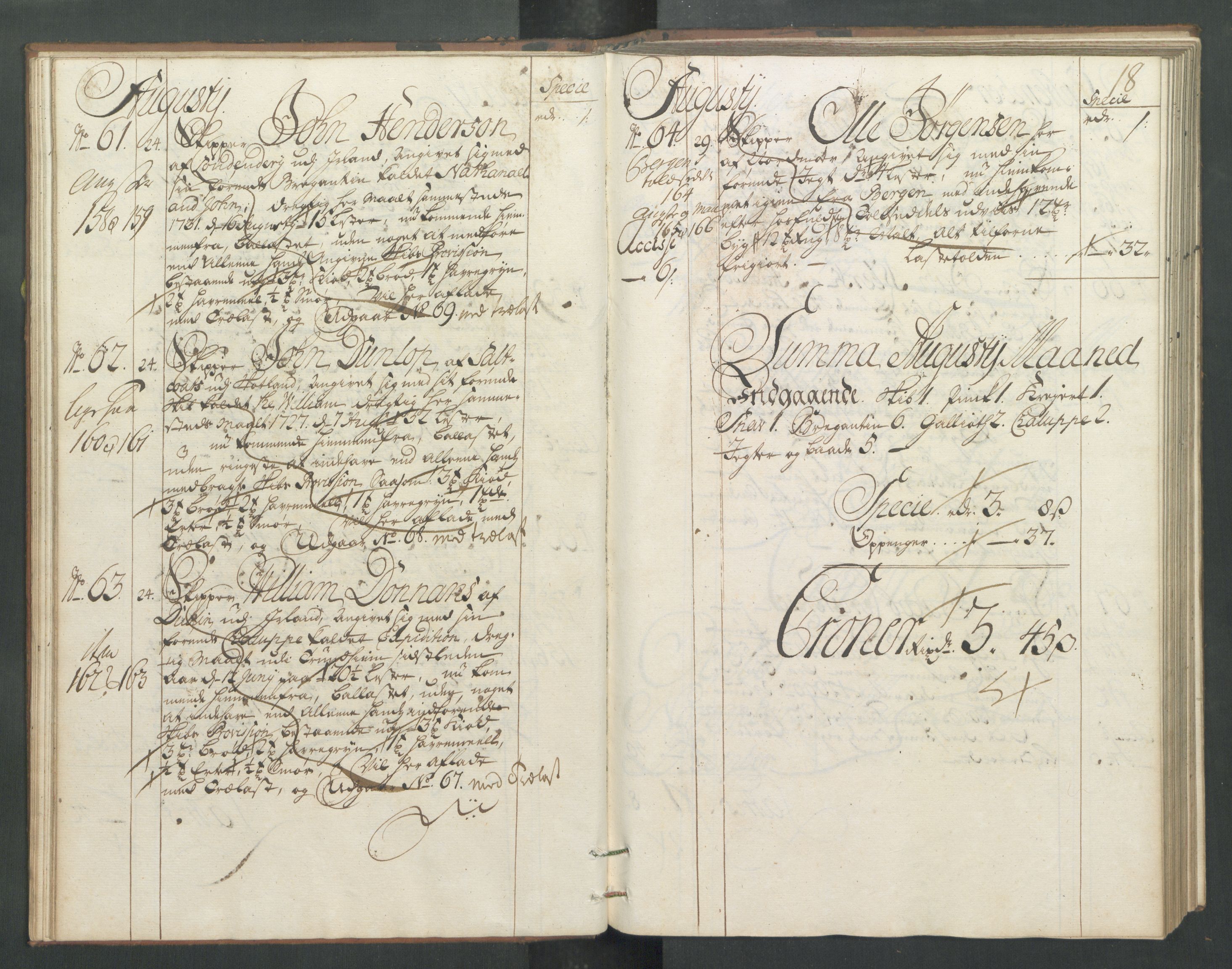 Generaltollkammeret, tollregnskaper, RA/EA-5490/R32/L0005/0001: Tollregnskaper Kristiansund / Hovedtollbok, 1733, s. 17b-18a