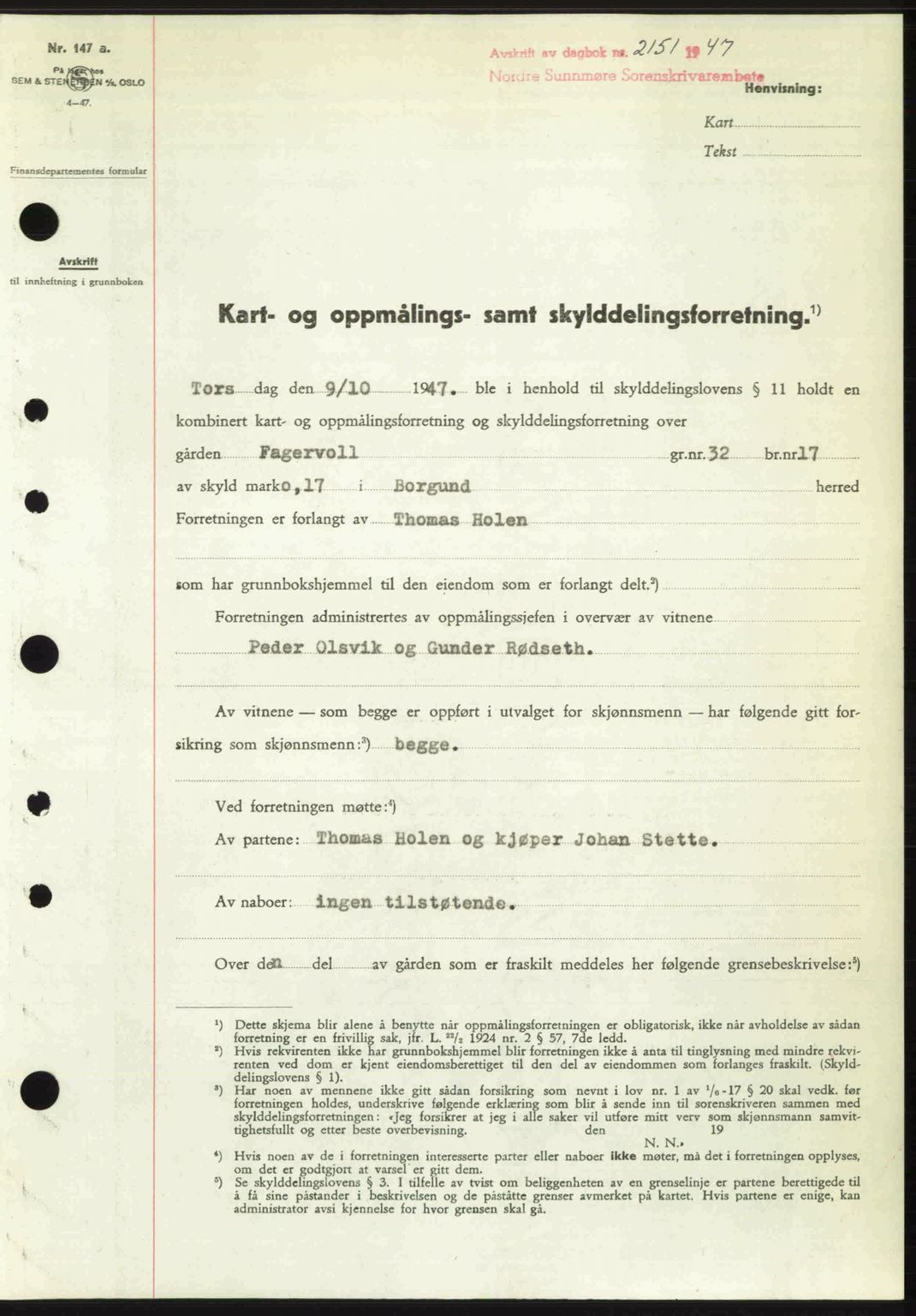 Nordre Sunnmøre sorenskriveri, AV/SAT-A-0006/1/2/2C/2Ca: Pantebok nr. A26, 1947-1948, Dagboknr: 2151/1947