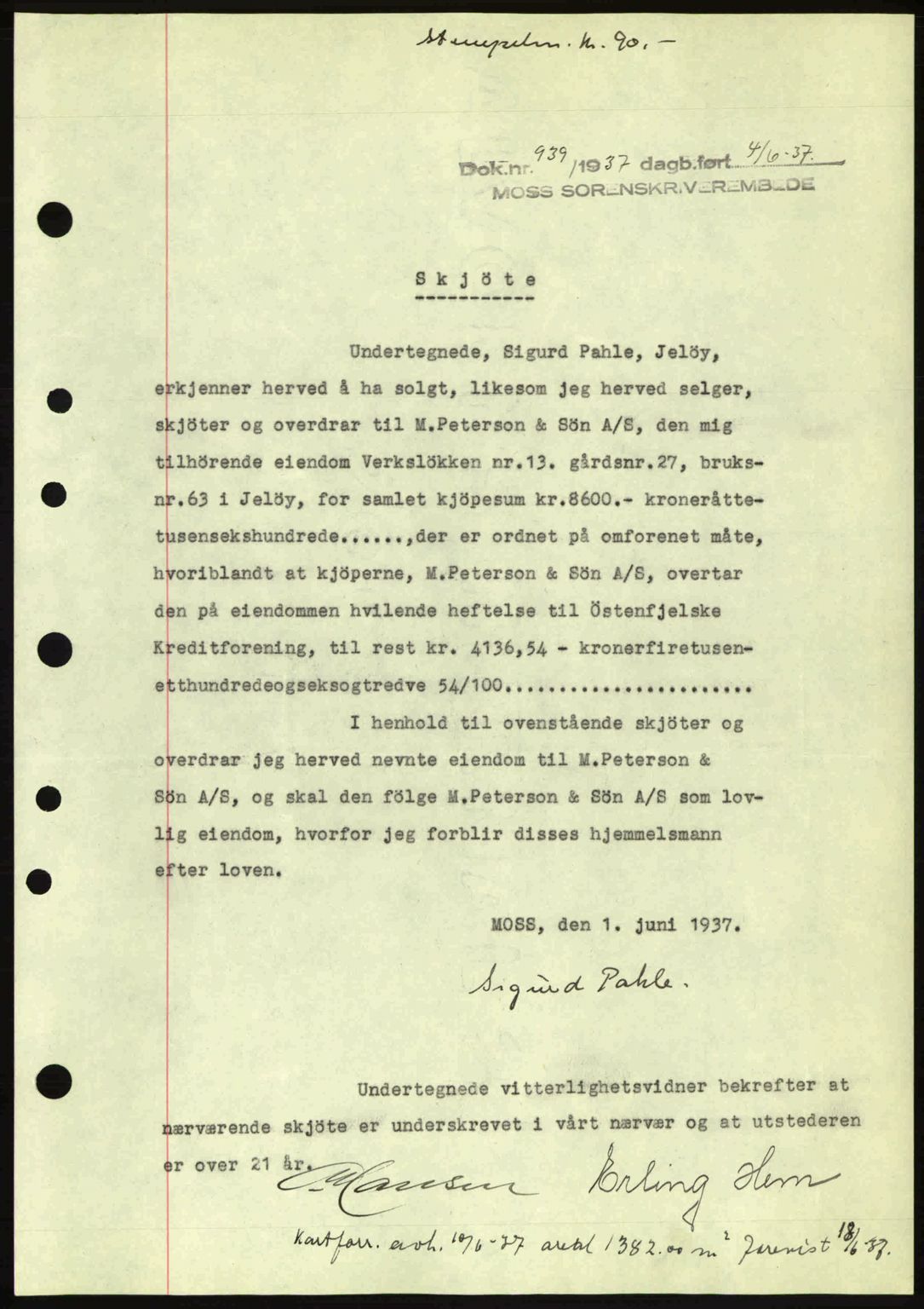 Moss sorenskriveri, SAO/A-10168: Pantebok nr. A3, 1937-1938, Dagboknr: 939/1937