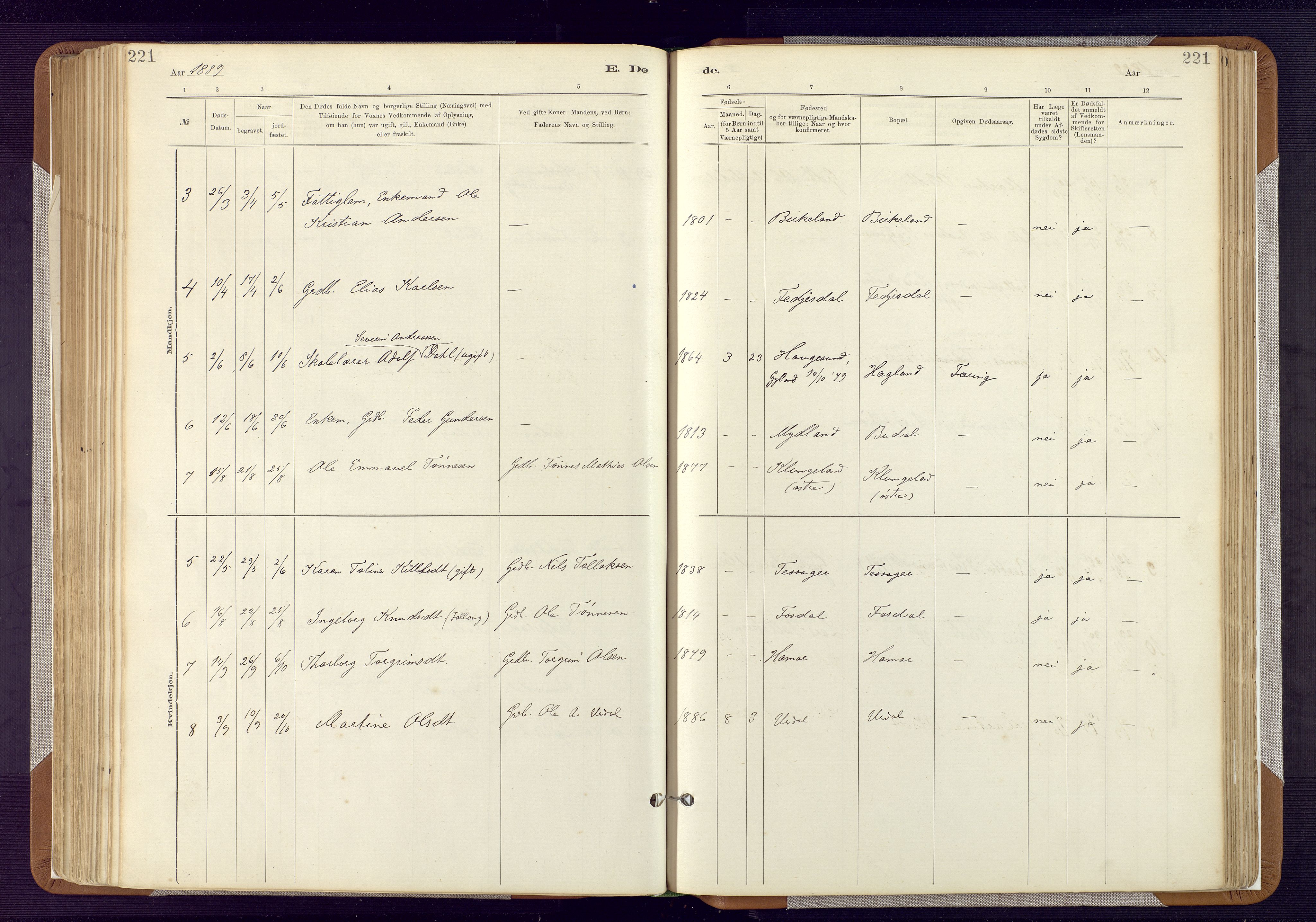 Bakke sokneprestkontor, SAK/1111-0002/F/Fa/Fab/L0003: Ministerialbok nr. A 3, 1884-1921, s. 221