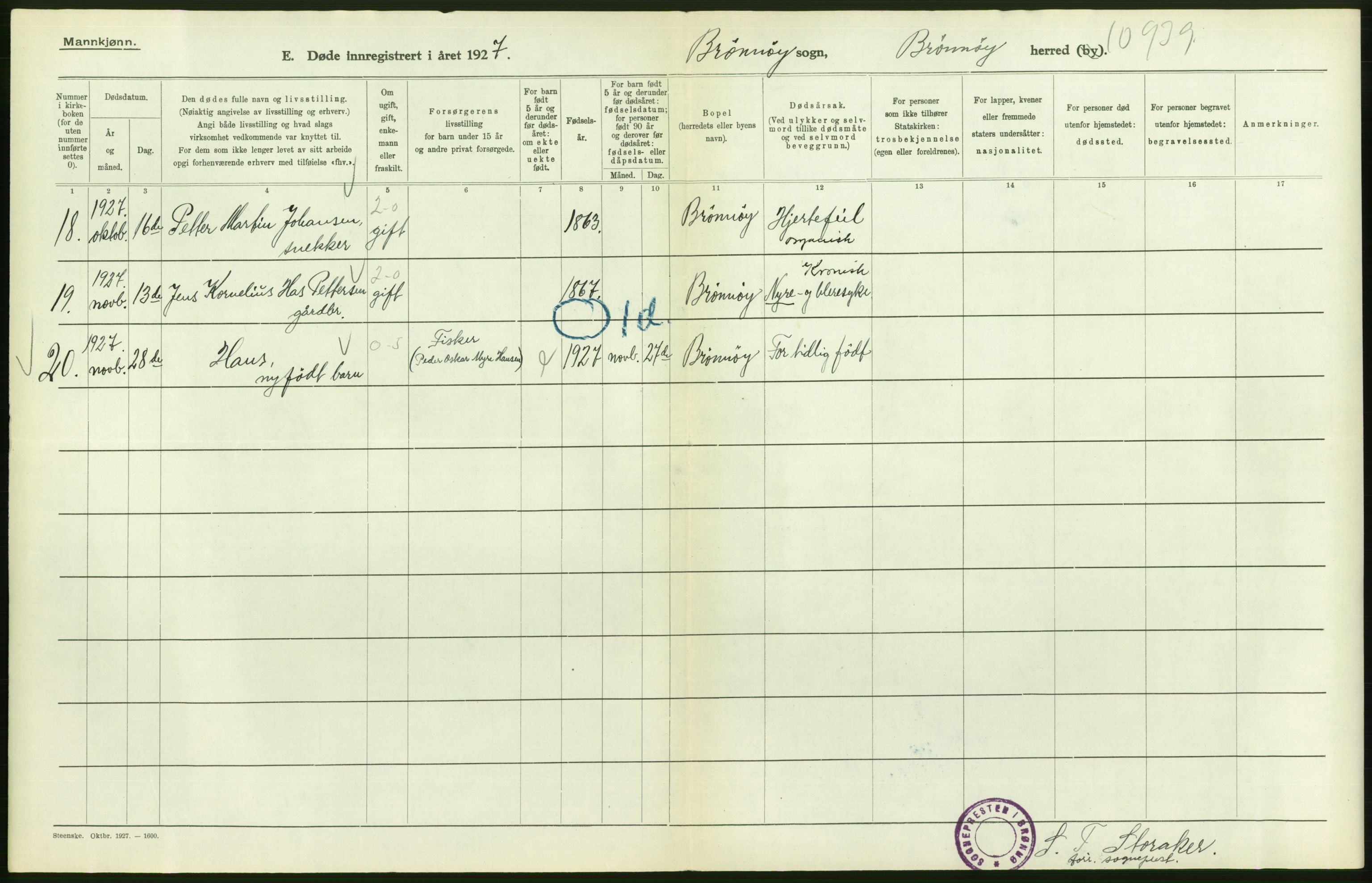 Statistisk sentralbyrå, Sosiodemografiske emner, Befolkning, AV/RA-S-2228/D/Df/Dfc/Dfcg/L0042: Nordland fylke: Døde. Bygder og byer., 1927, s. 318