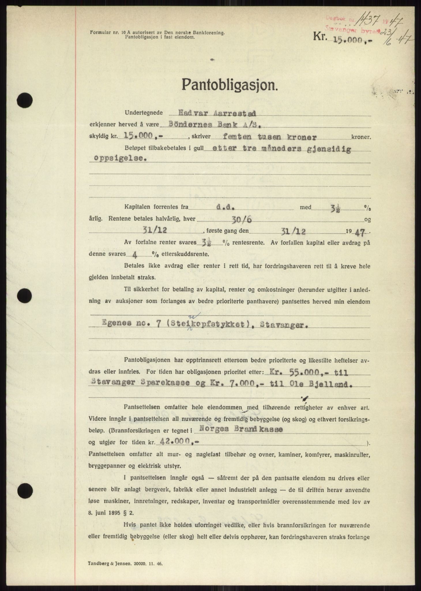 Stavanger byrett, SAST/A-100455/002/G/Gb/L0031: Pantebok, 1943-1947, Dagboknr: 1437/1947