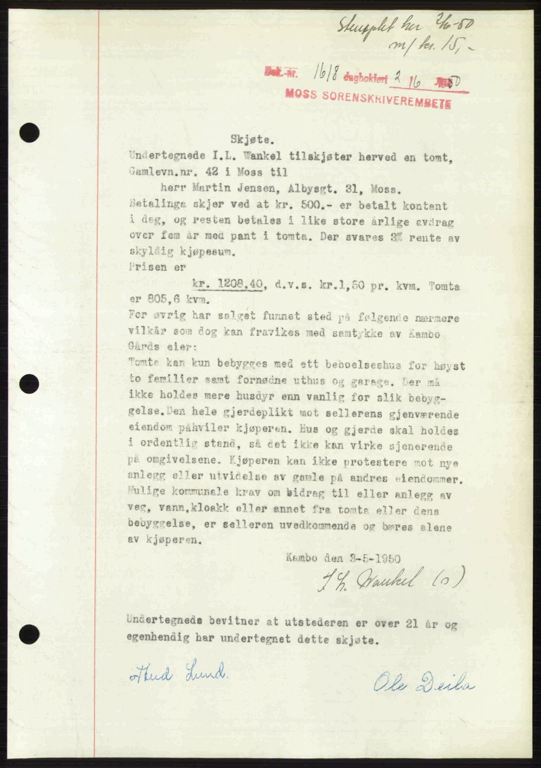 Moss sorenskriveri, SAO/A-10168: Pantebok nr. A26, 1950-1950, Dagboknr: 1618/1950