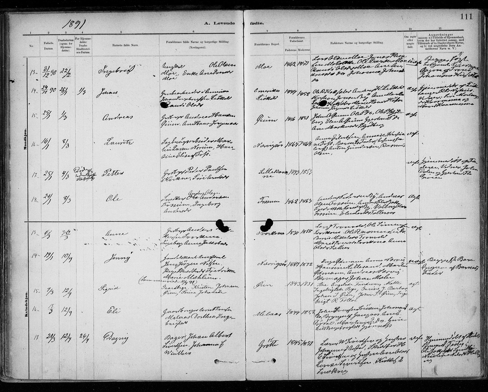 Ministerialprotokoller, klokkerbøker og fødselsregistre - Sør-Trøndelag, SAT/A-1456/668/L0809: Ministerialbok nr. 668A09, 1881-1895, s. 111