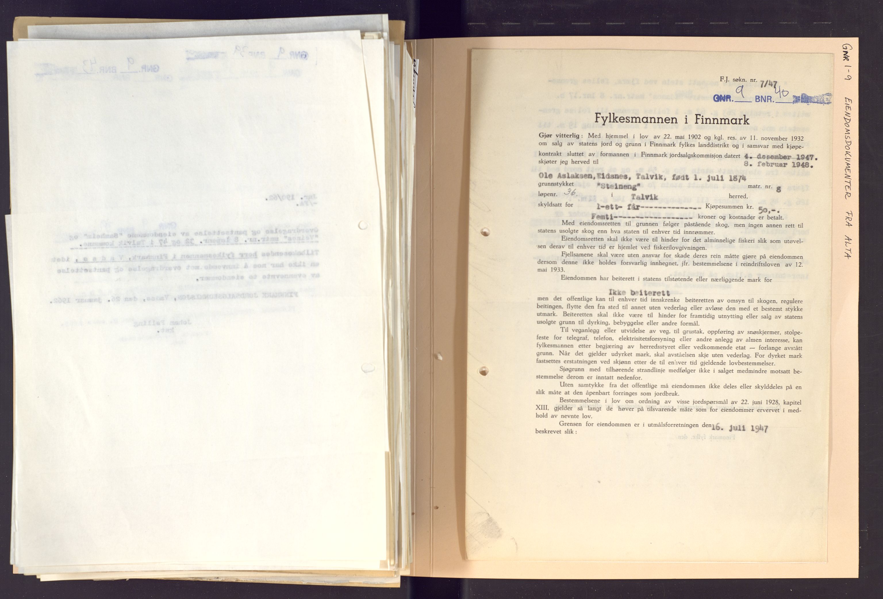 Finnmark jordsalgskommisjon/jordsalgskontor og Statskog SF Finnmark jordsalgskontor, AV/SATØ-S-1443/J/Jd/L0001: Eiendomsdokumenter for Alta, gnr. 1 - 26, 1700-2000, s. 230