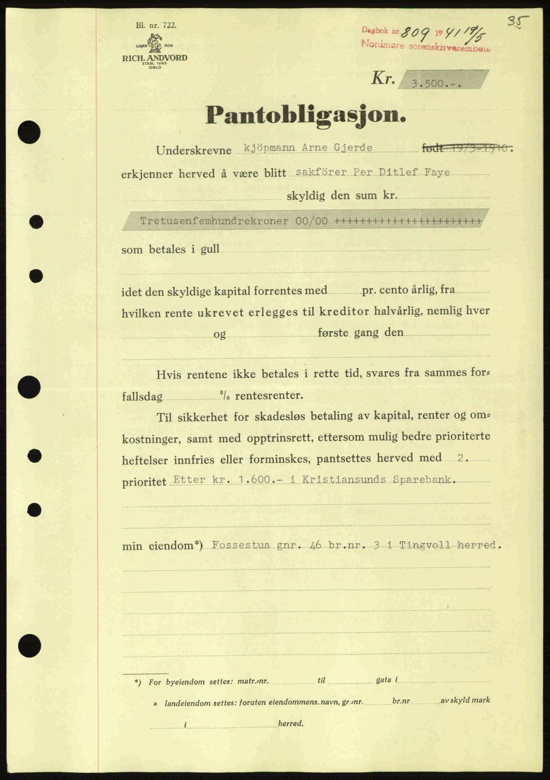 Nordmøre sorenskriveri, SAT/A-4132/1/2/2Ca: Pantebok nr. B88, 1941-1942, Dagboknr: 809/1941