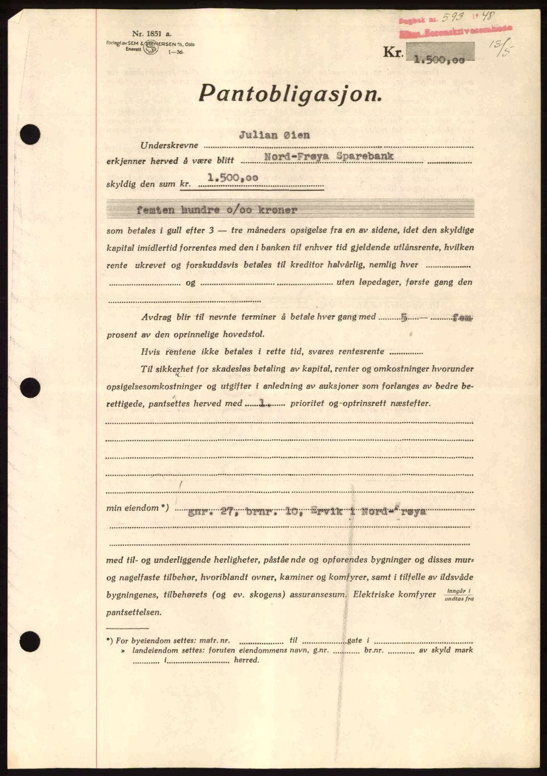 Hitra sorenskriveri, AV/SAT-A-0018/2/2C/2Ca: Pantebok nr. B1, 1939-1949, Dagboknr: 593/1948