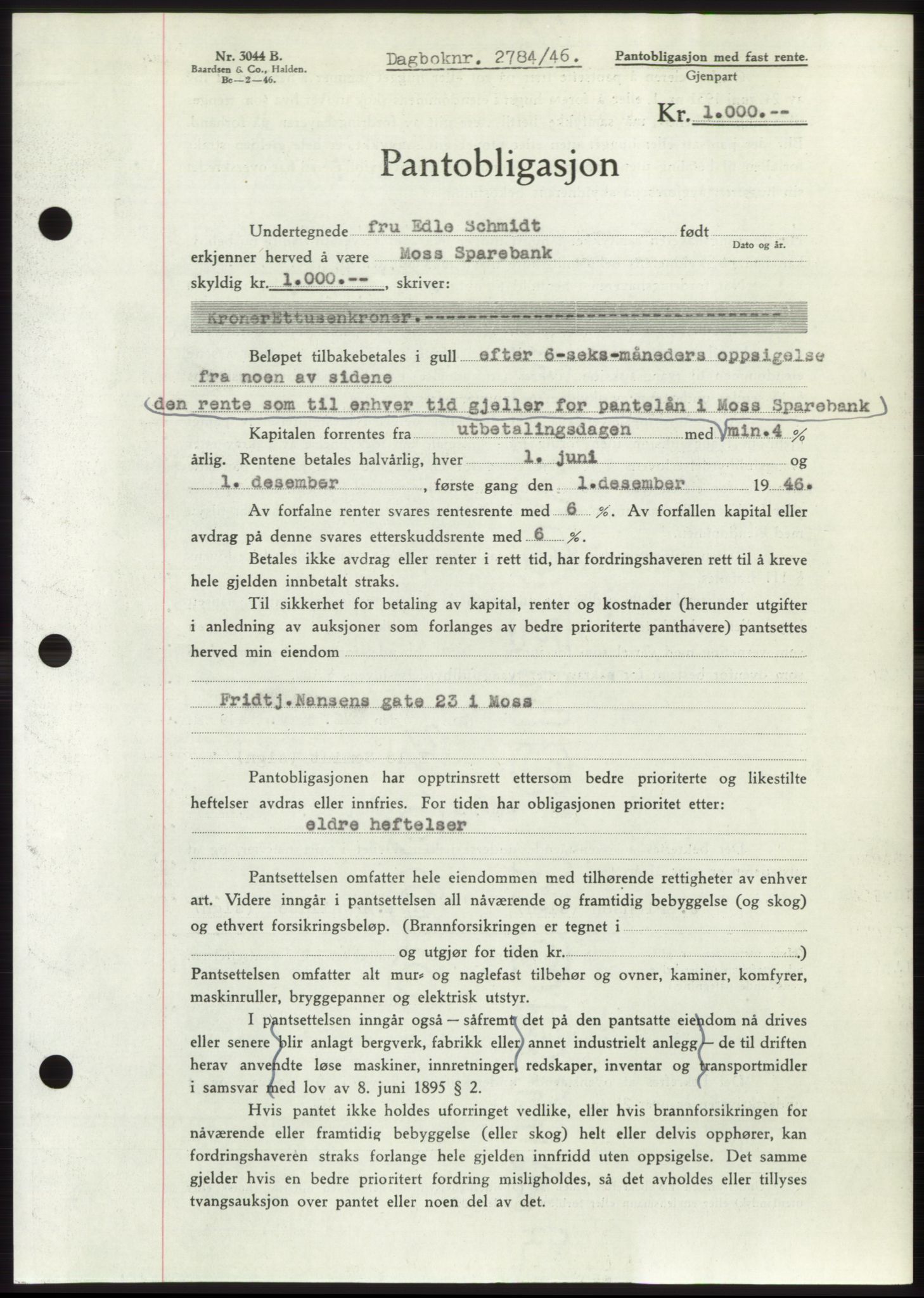 Moss sorenskriveri, SAO/A-10168: Pantebok nr. B16, 1946-1947, Dagboknr: 2784/1946