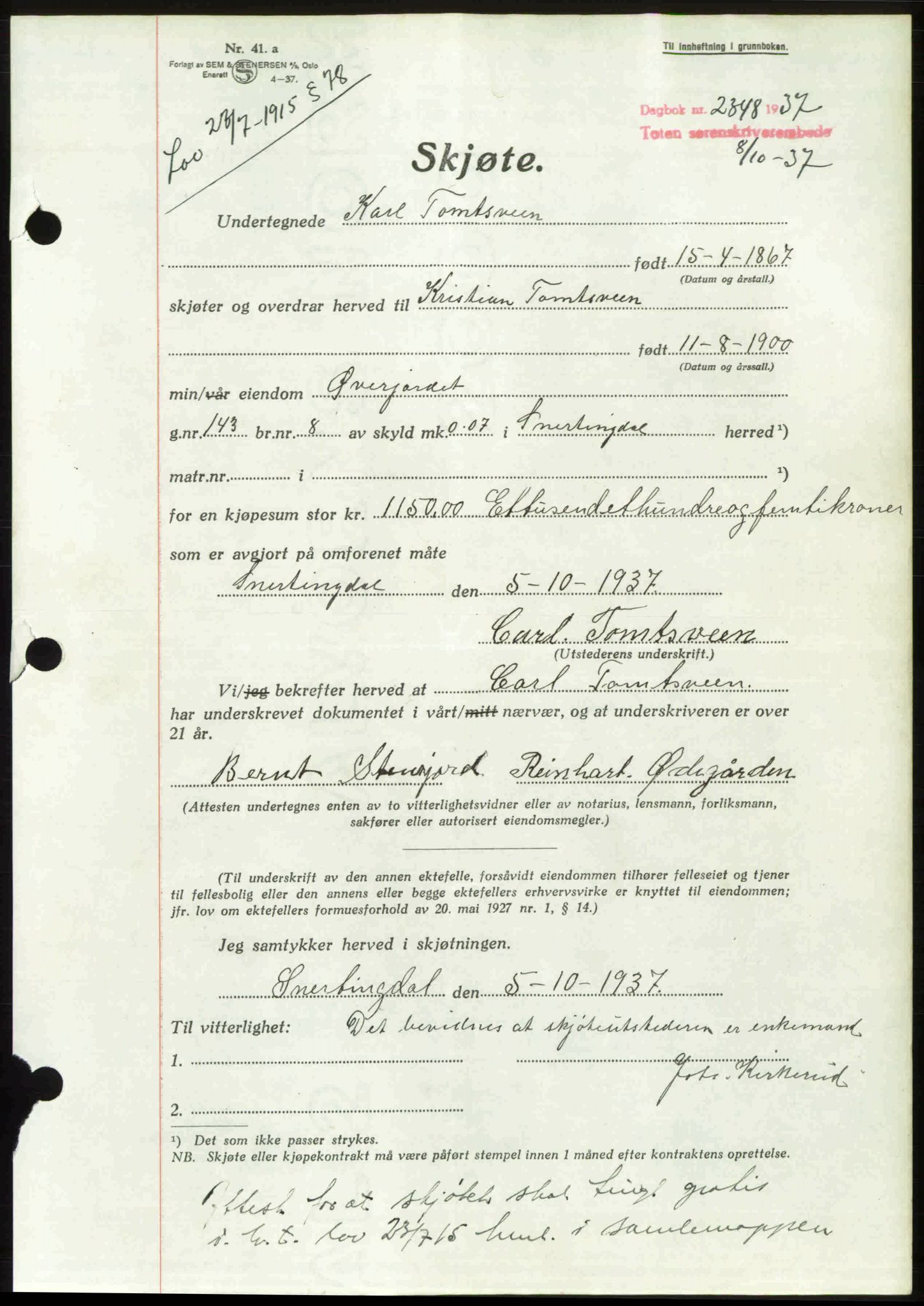 Toten tingrett, SAH/TING-006/H/Hb/Hbc/L0003: Pantebok nr. Hbc-03, 1937-1938, Dagboknr: 2348/1937