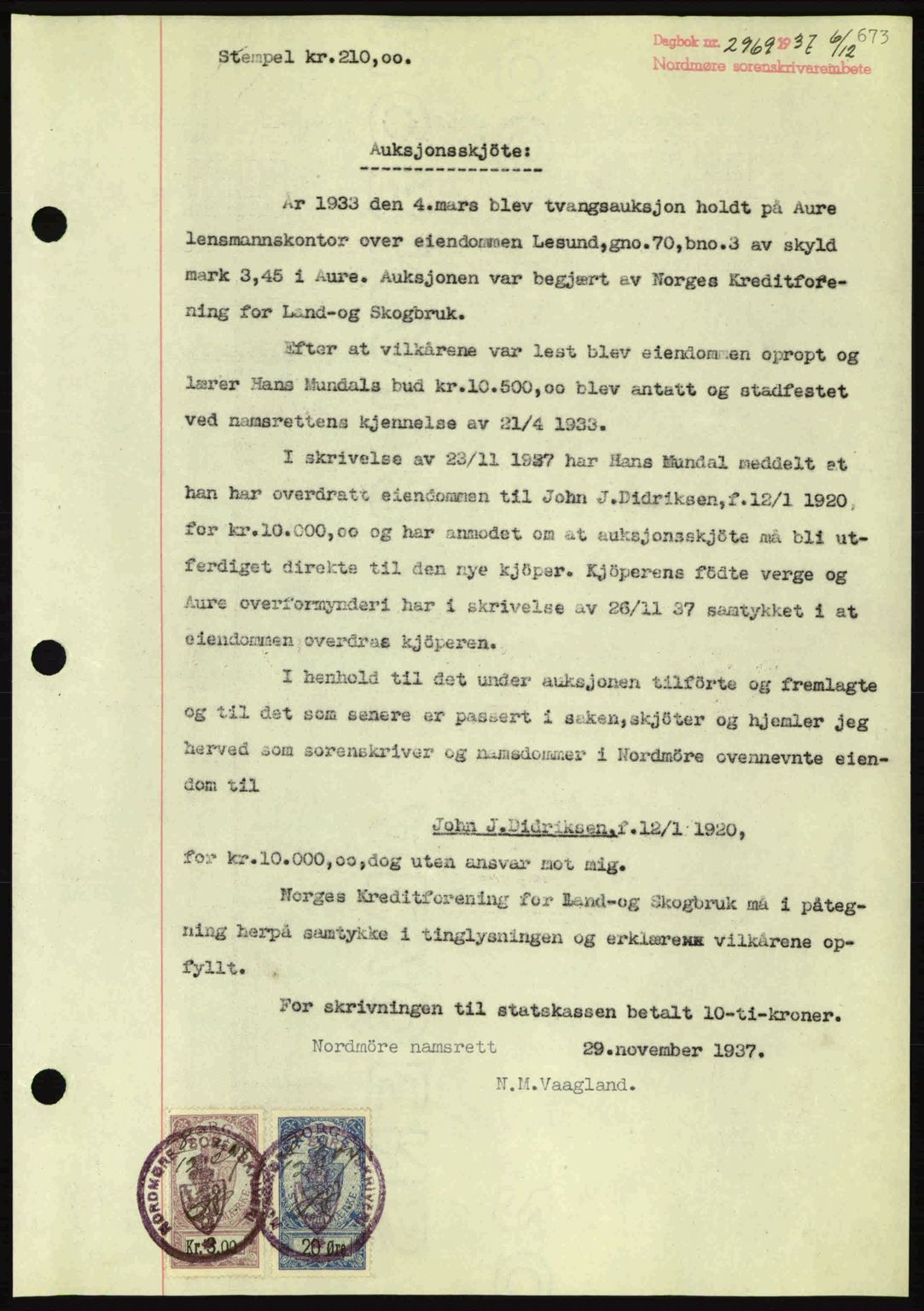 Nordmøre sorenskriveri, SAT/A-4132/1/2/2Ca: Pantebok nr. A82, 1937-1938, Dagboknr: 2969/1937