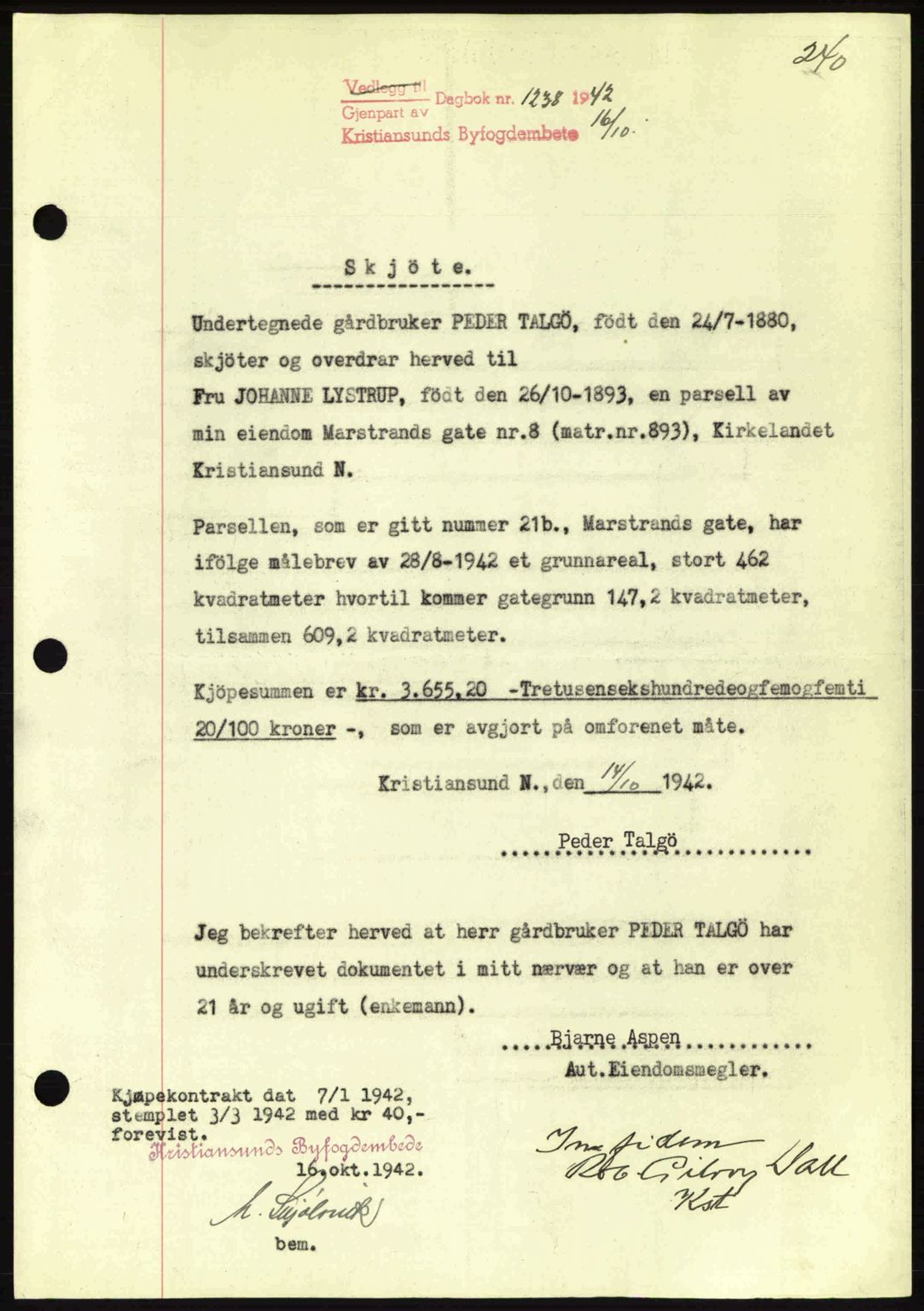 Kristiansund byfogd, AV/SAT-A-4587/A/27: Pantebok nr. 34, 1941-1945, Dagboknr: 1238/1942