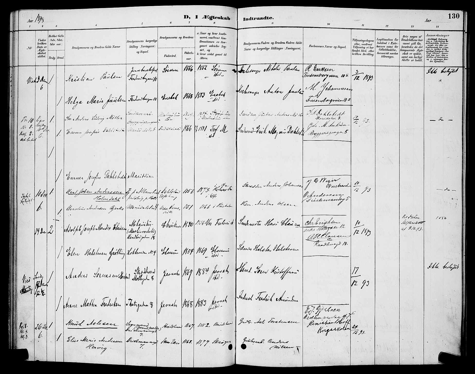 Trefoldighet prestekontor Kirkebøker, AV/SAO-A-10882/H/Ha/L0004: Lysningsprotokoll nr. 4, 1888-1894, s. 130