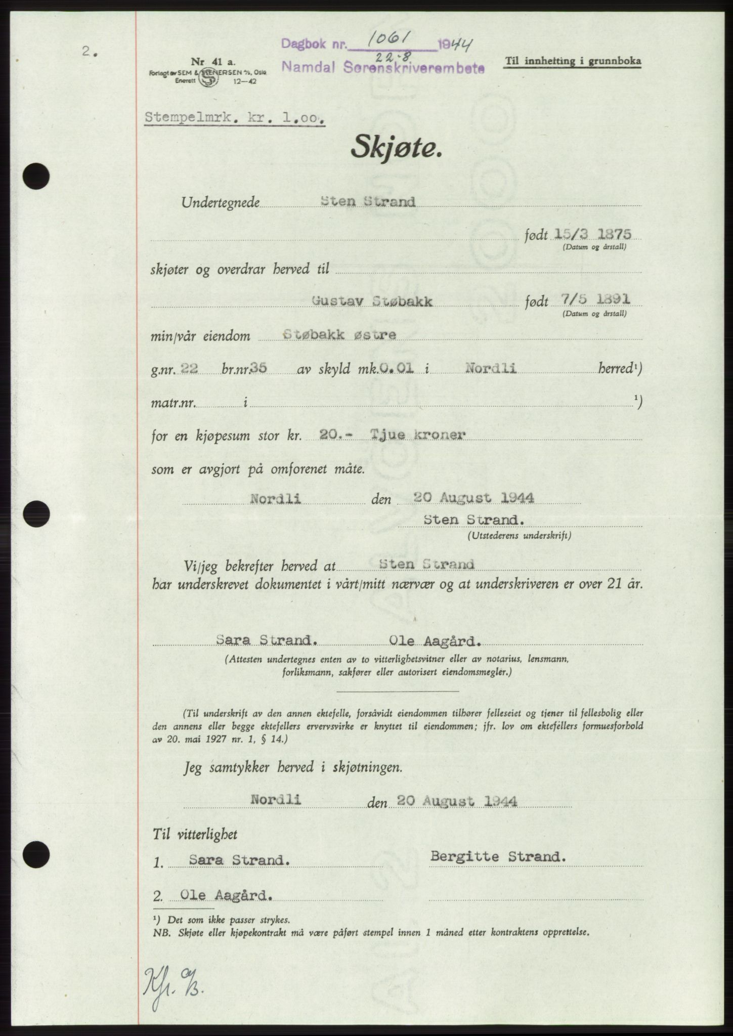 Namdal sorenskriveri, SAT/A-4133/1/2/2C: Pantebok nr. -, 1944-1945, Dagboknr: 1061/1944