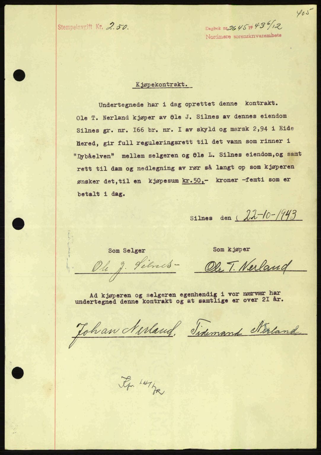 Nordmøre sorenskriveri, AV/SAT-A-4132/1/2/2Ca: Pantebok nr. B91, 1943-1944, Dagboknr: 2645/1943