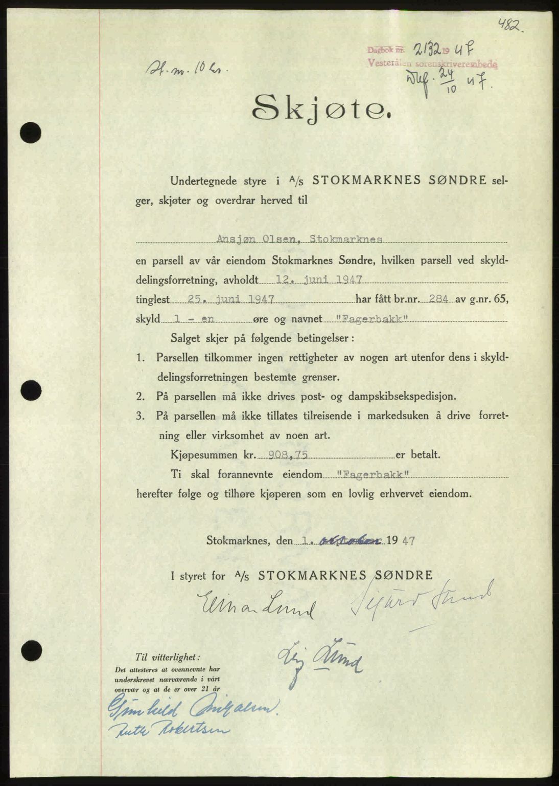 Vesterålen sorenskriveri, SAT/A-4180/1/2/2Ca: Pantebok nr. A21, 1947-1947, Dagboknr: 2132/1947