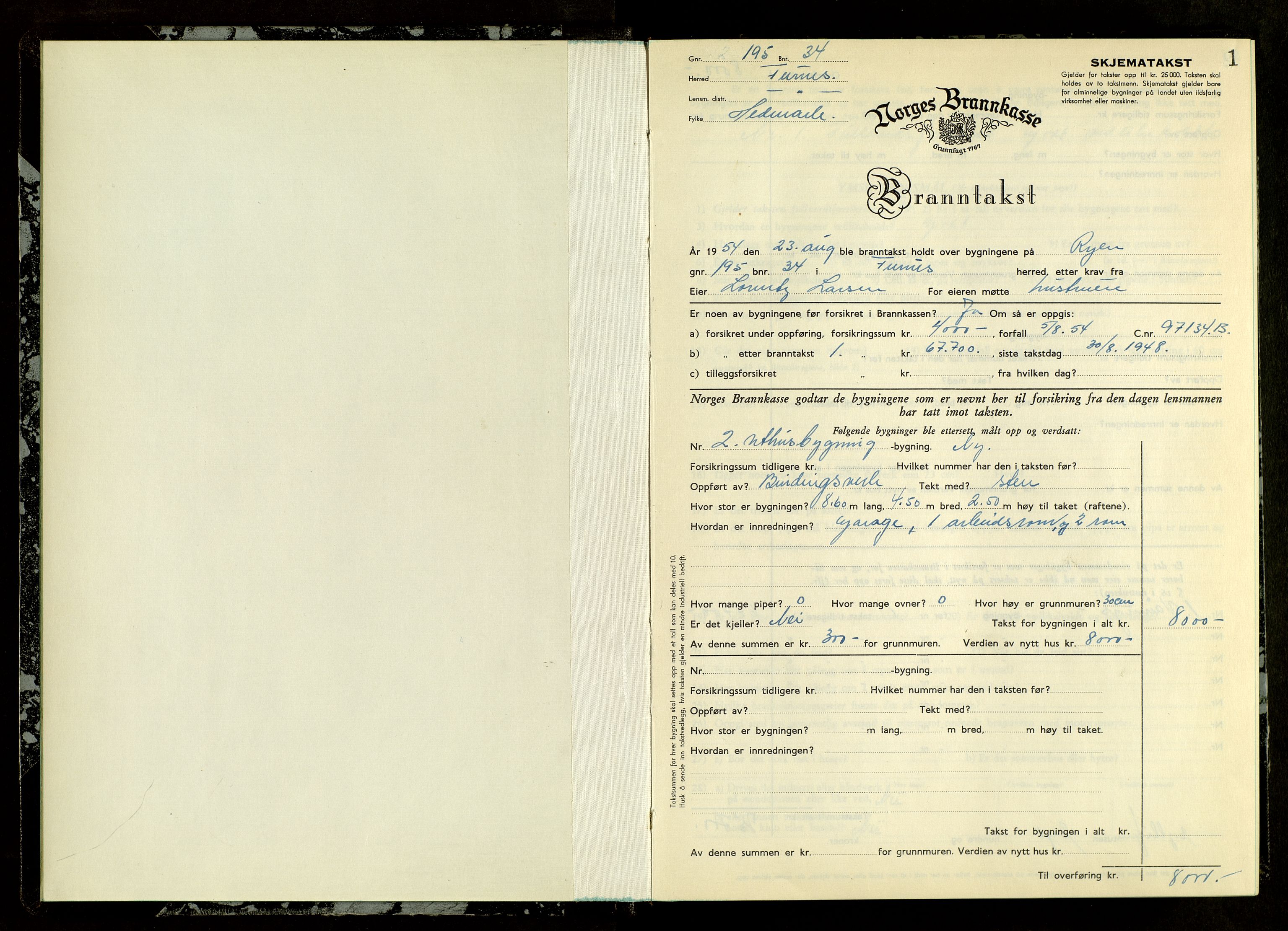 Norges Brannkasse, Furnes, AV/SAH-NBRANF-004/F/L0007: Branntakstprotokoll, 1954-1955, s. 1