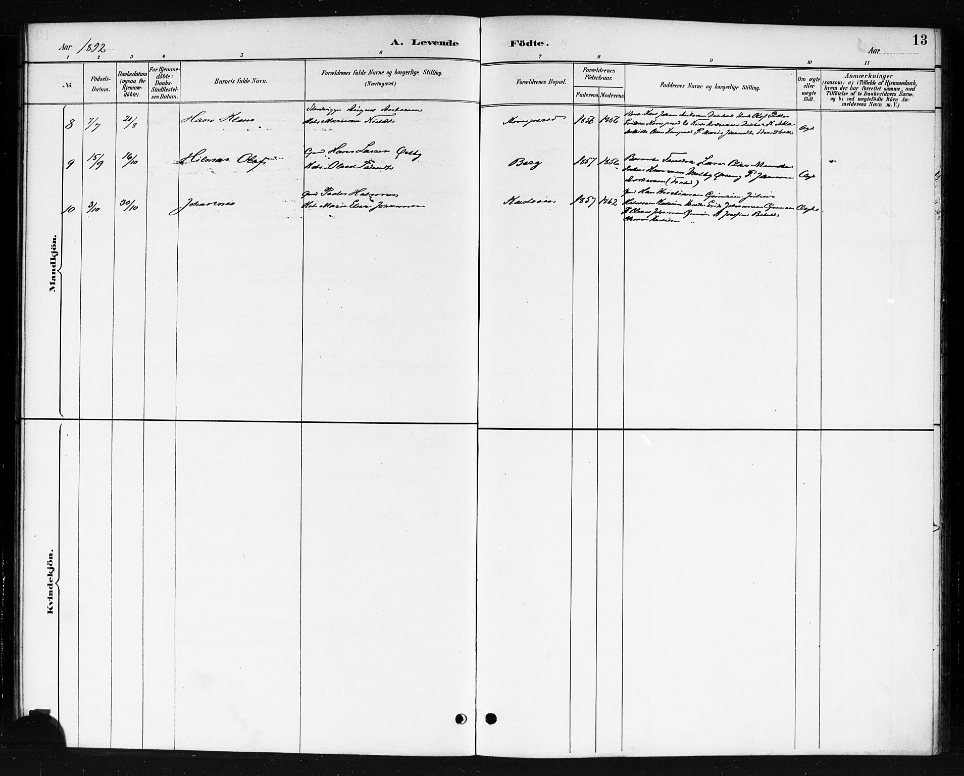 Skjeberg prestekontor Kirkebøker, AV/SAO-A-10923/F/Fb/L0001: Ministerialbok nr. II 1, 1886-1894, s. 13
