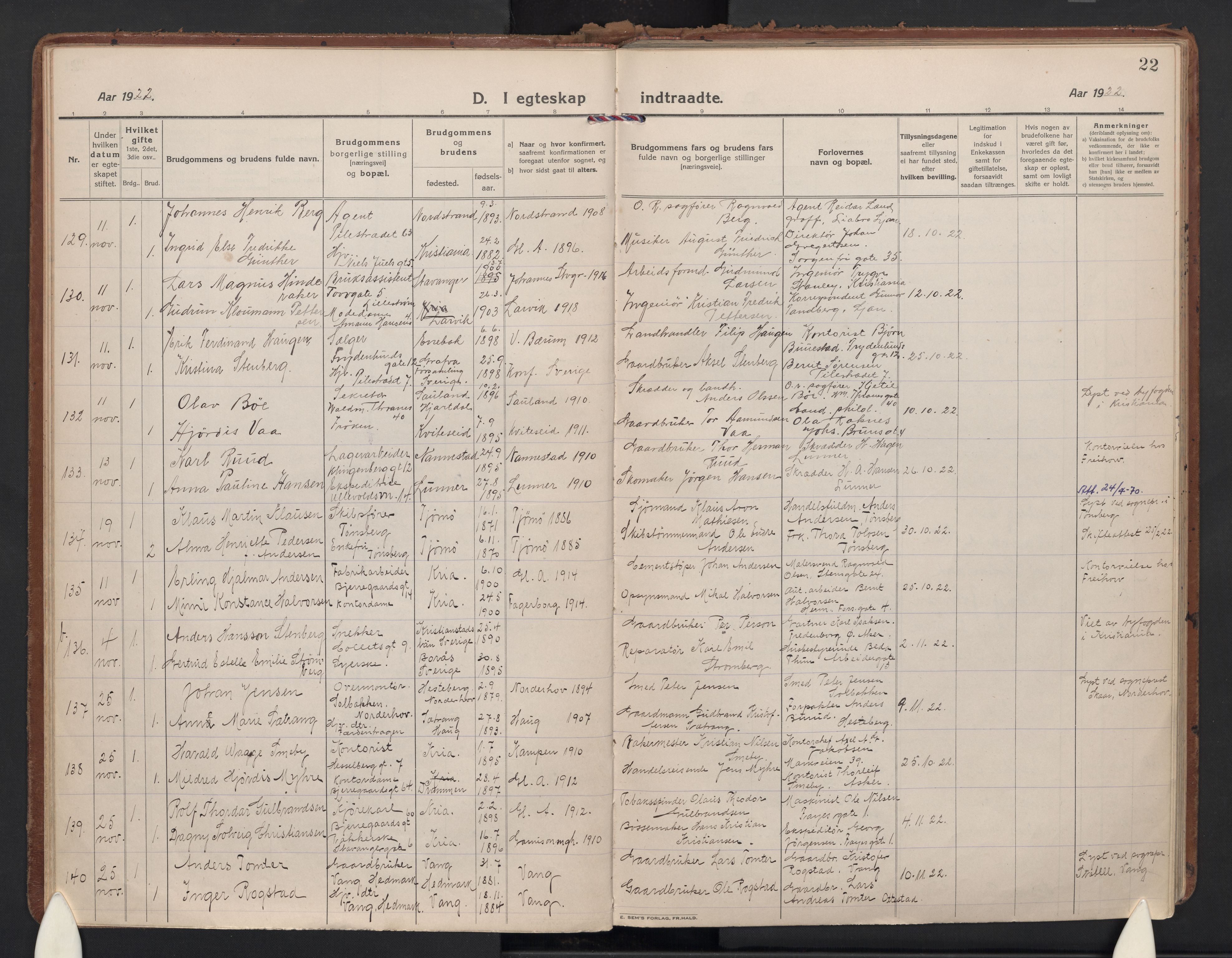 Gamle Aker prestekontor Kirkebøker, AV/SAO-A-10617a/F/L0017: Ministerialbok nr. 17, 1921-1931, s. 22