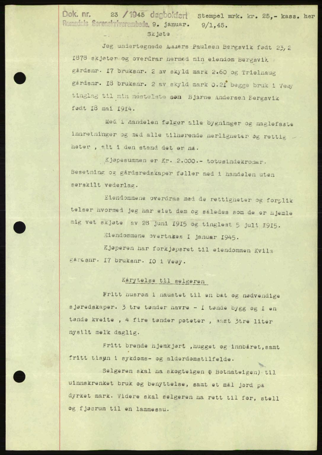 Romsdal sorenskriveri, SAT/A-4149/1/2/2C: Pantebok nr. A17, 1944-1945, Dagboknr: 23/1945