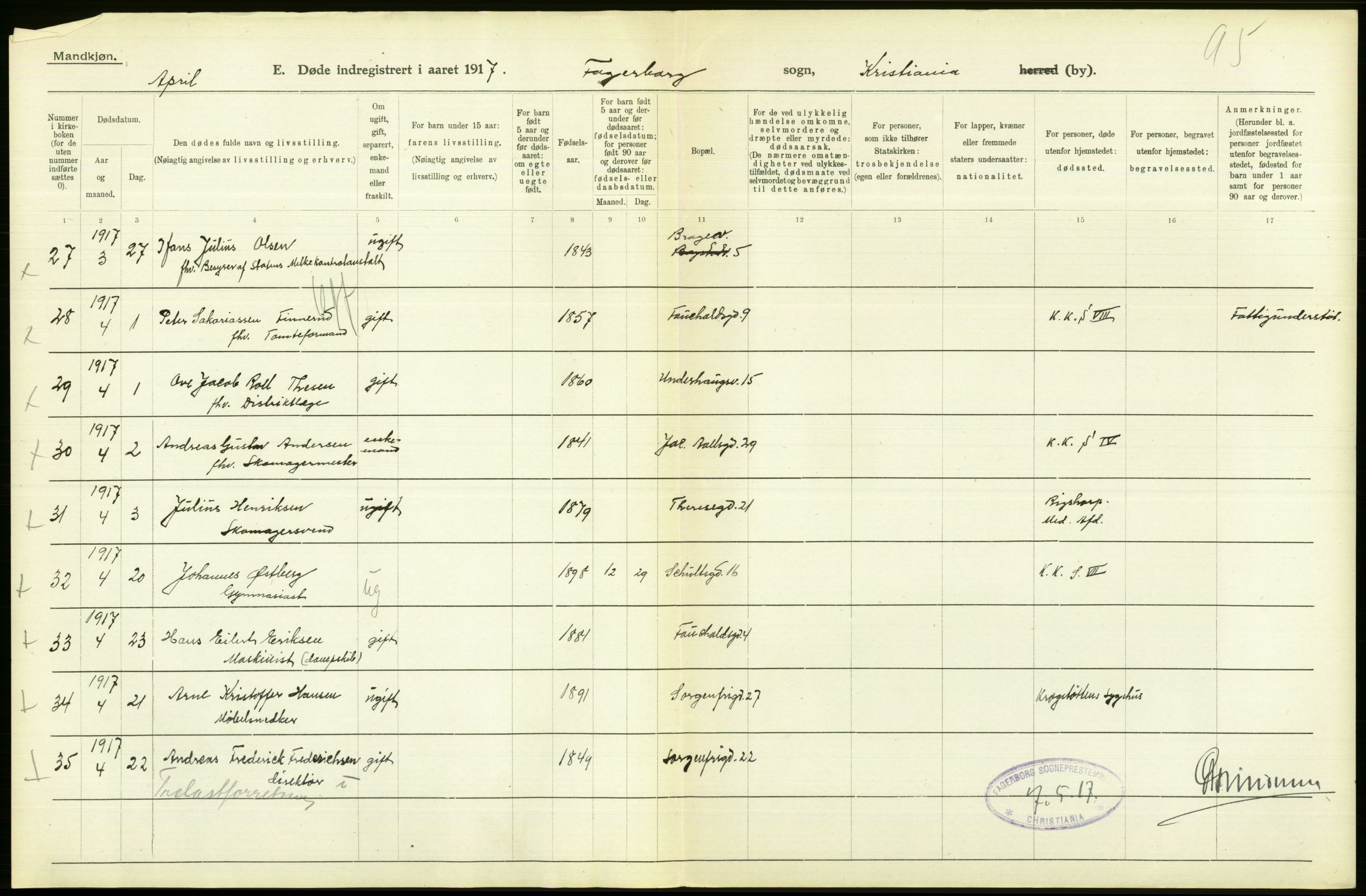 Statistisk sentralbyrå, Sosiodemografiske emner, Befolkning, AV/RA-S-2228/D/Df/Dfb/Dfbg/L0010: Kristiania: Døde, 1917, s. 414