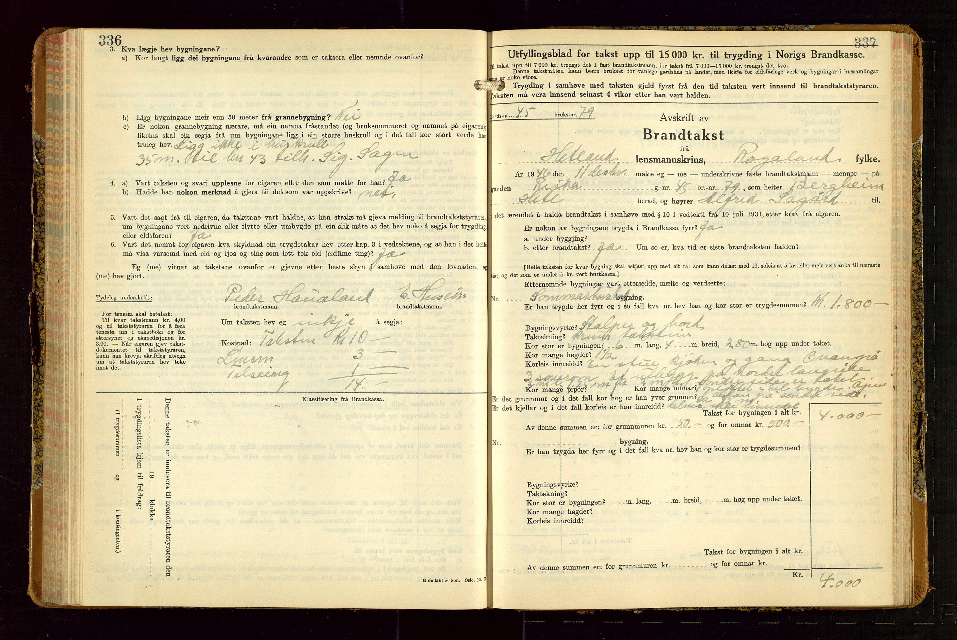 Hetland lensmannskontor, SAST/A-100101/Gob/L0007: "Brandtakstbok", 1939-1949, s. 336-337