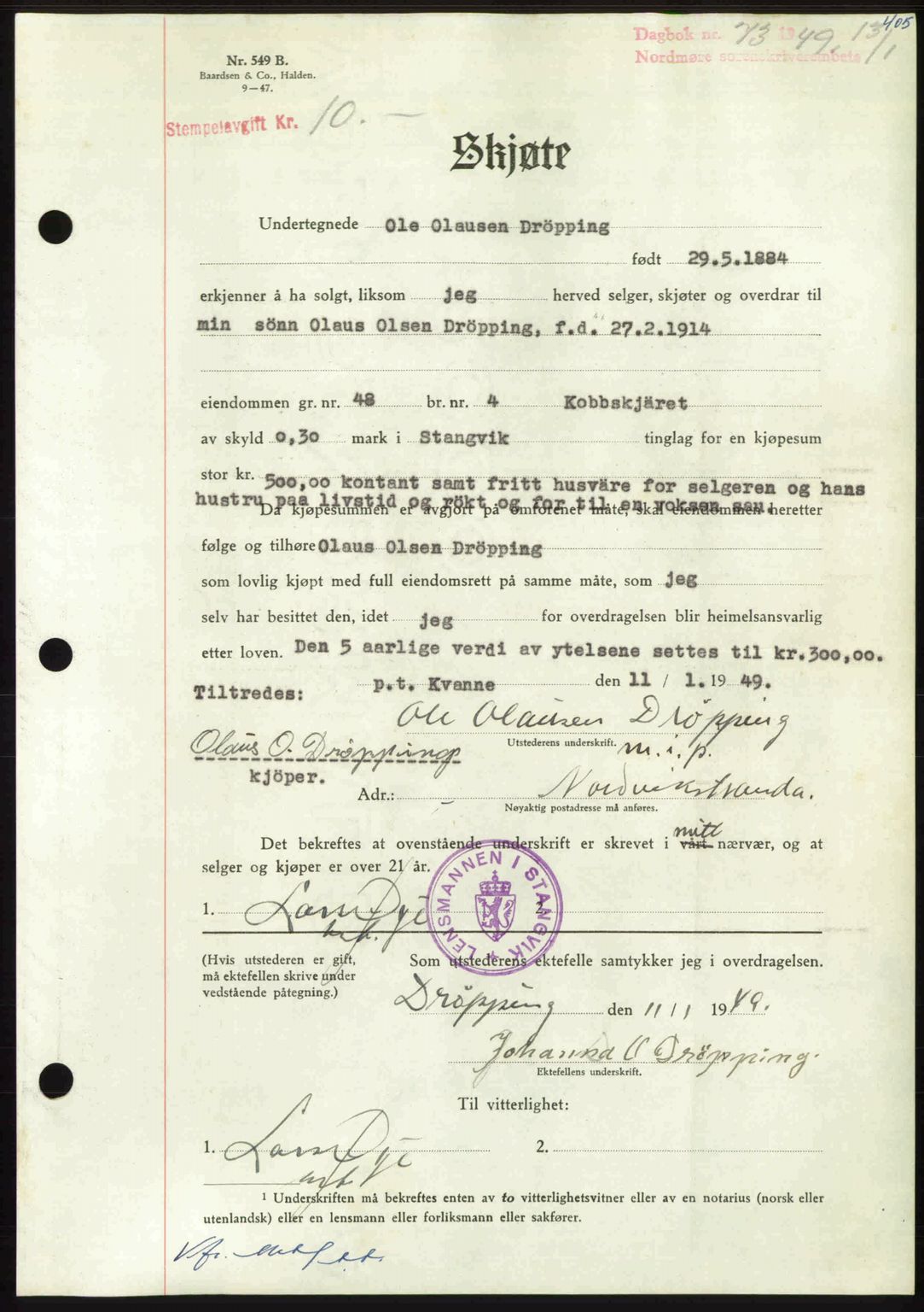 Nordmøre sorenskriveri, SAT/A-4132/1/2/2Ca: Pantebok nr. A110, 1948-1949, Dagboknr: 73/1949