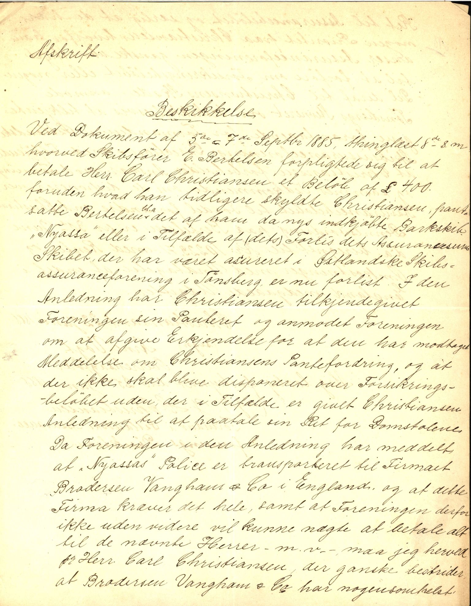 Pa 63 - Østlandske skibsassuranceforening, VEMU/A-1079/G/Ga/L0022/0007: Havaridokumenter / Nyassa, Mjølner, 1888, s. 2