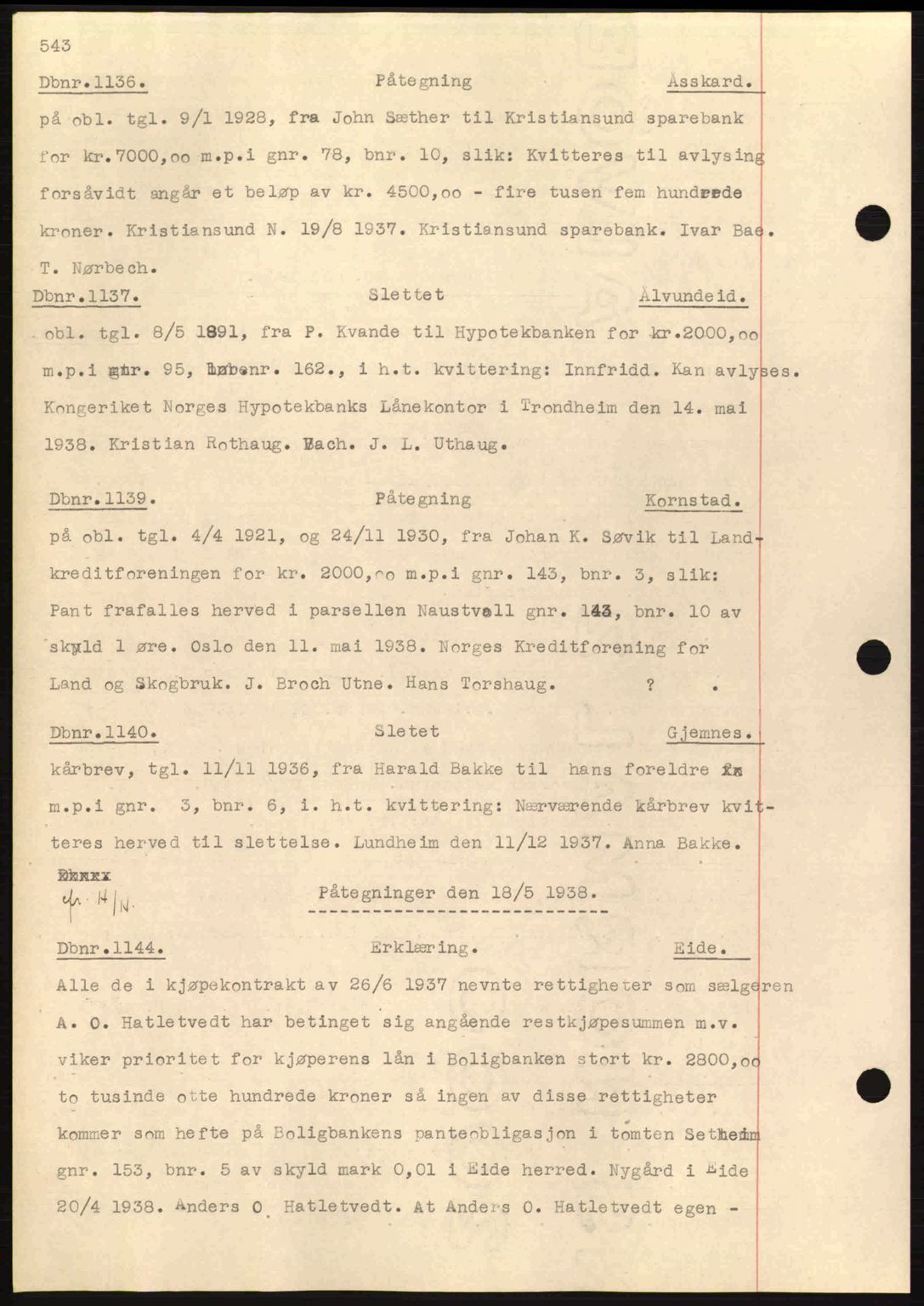 Nordmøre sorenskriveri, SAT/A-4132/1/2/2Ca: Pantebok nr. C80, 1936-1939, Dagboknr: 1136/1938