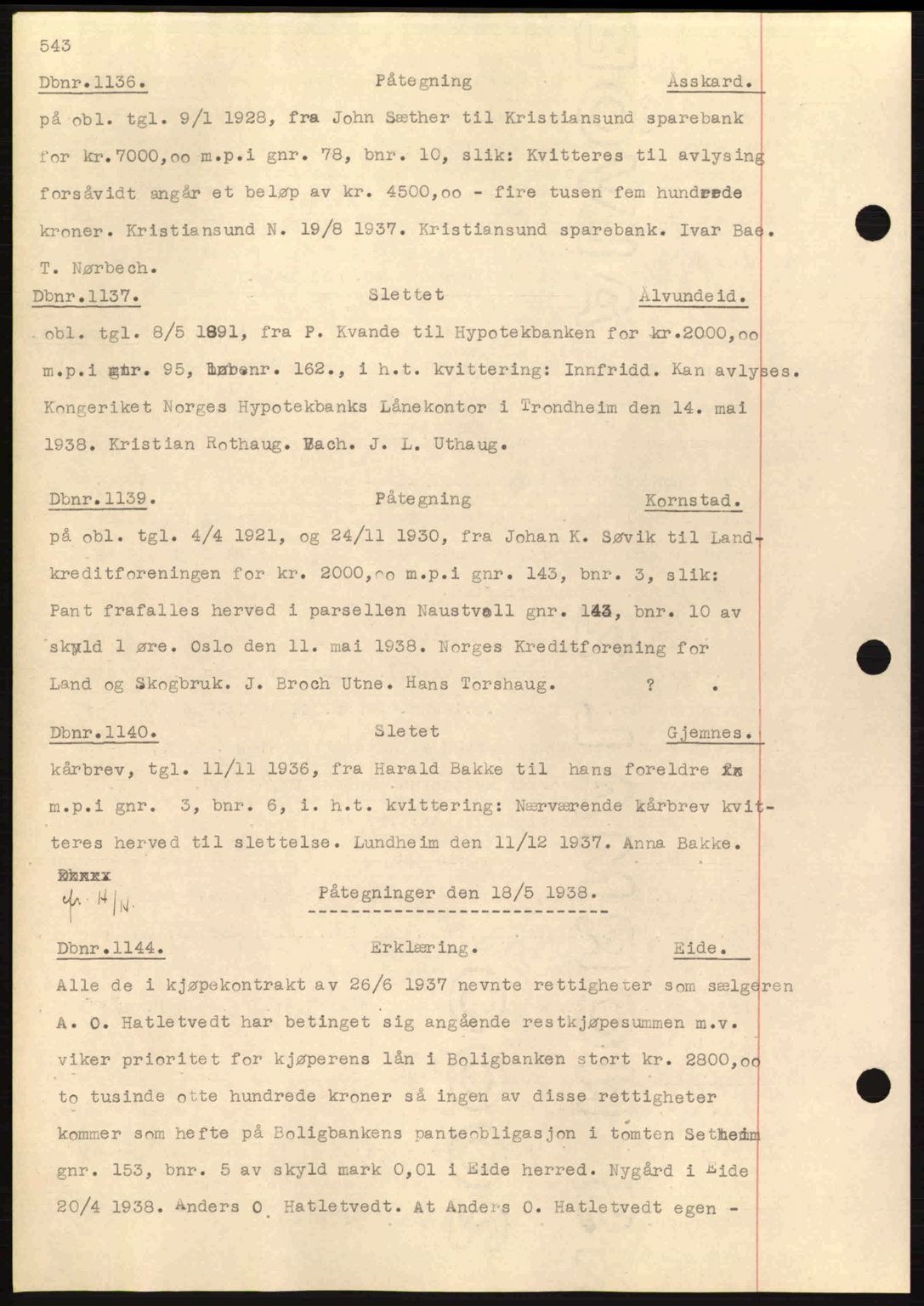 Nordmøre sorenskriveri, AV/SAT-A-4132/1/2/2Ca: Pantebok nr. C80, 1936-1939, Dagboknr: 1136/1938