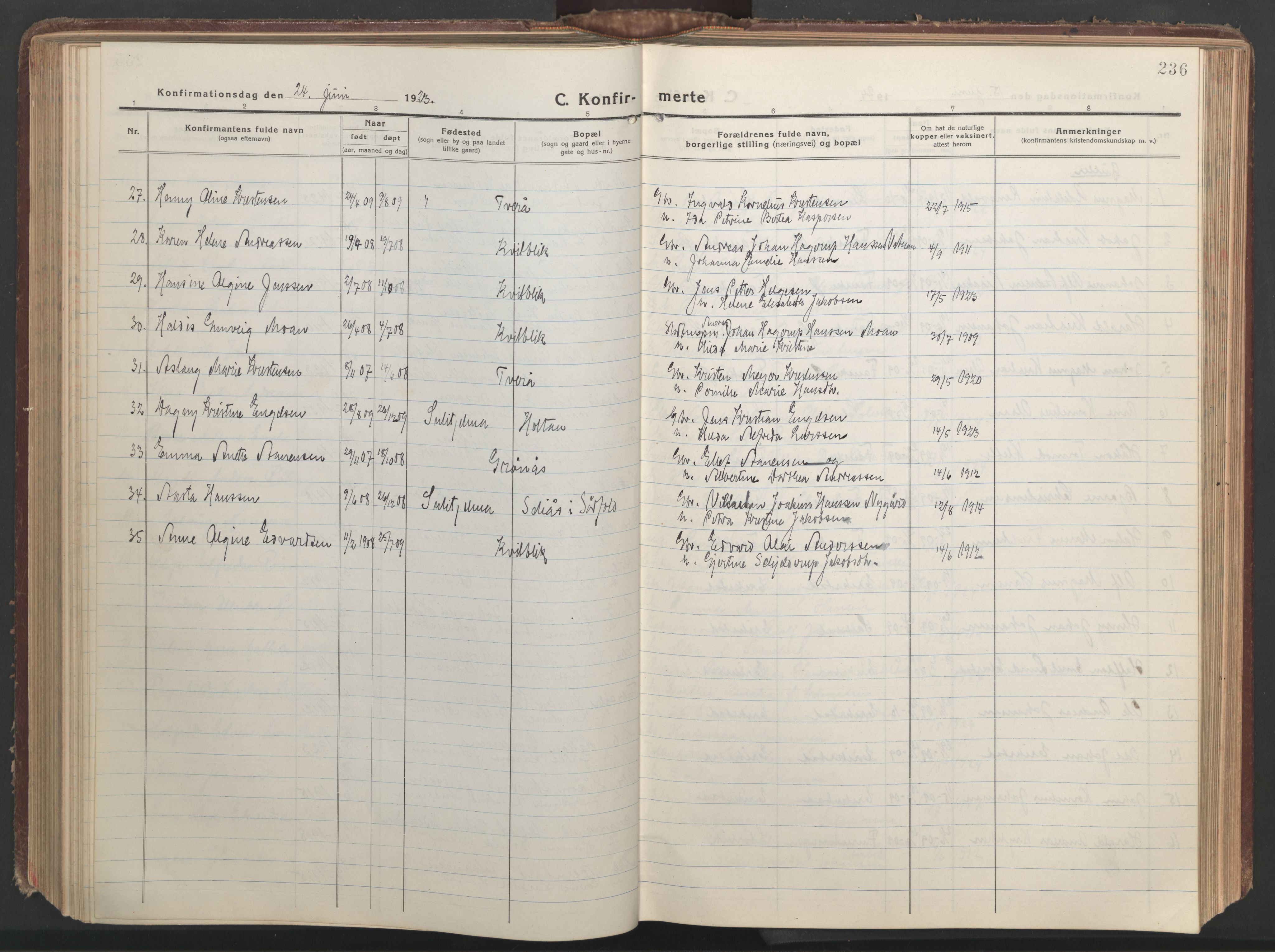 Ministerialprotokoller, klokkerbøker og fødselsregistre - Nordland, AV/SAT-A-1459/849/L0700: Klokkerbok nr. 849C01, 1919-1946, s. 236