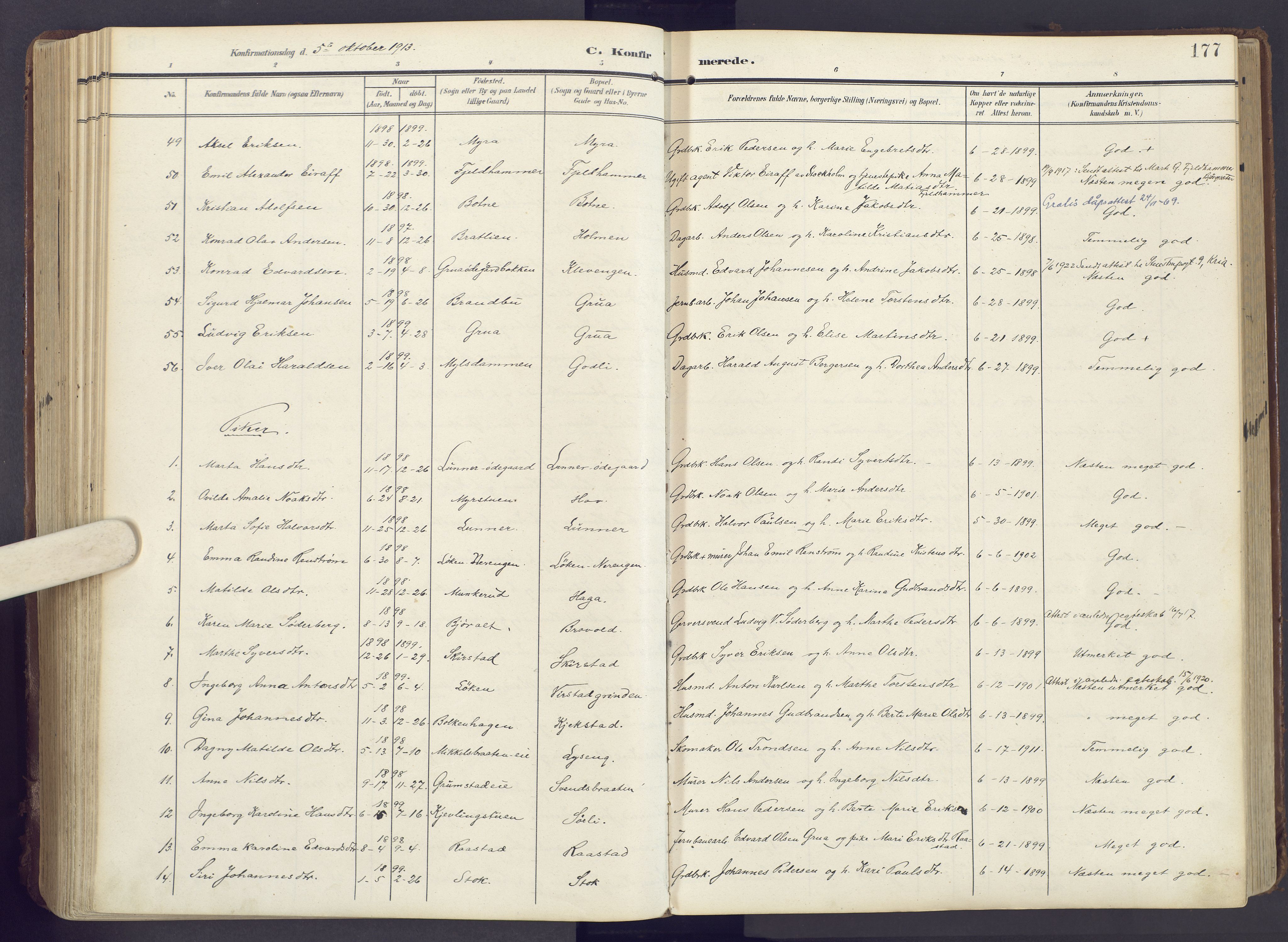 Lunner prestekontor, AV/SAH-PREST-118/H/Ha/Haa/L0001: Ministerialbok nr. 1, 1907-1922, s. 177