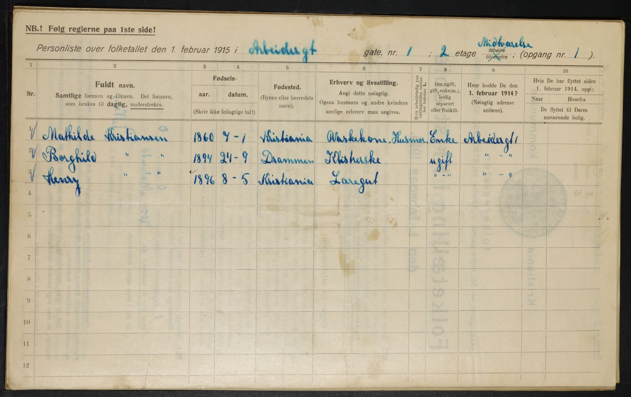 OBA, Kommunal folketelling 1.2.1915 for Kristiania, 1915, s. 1425