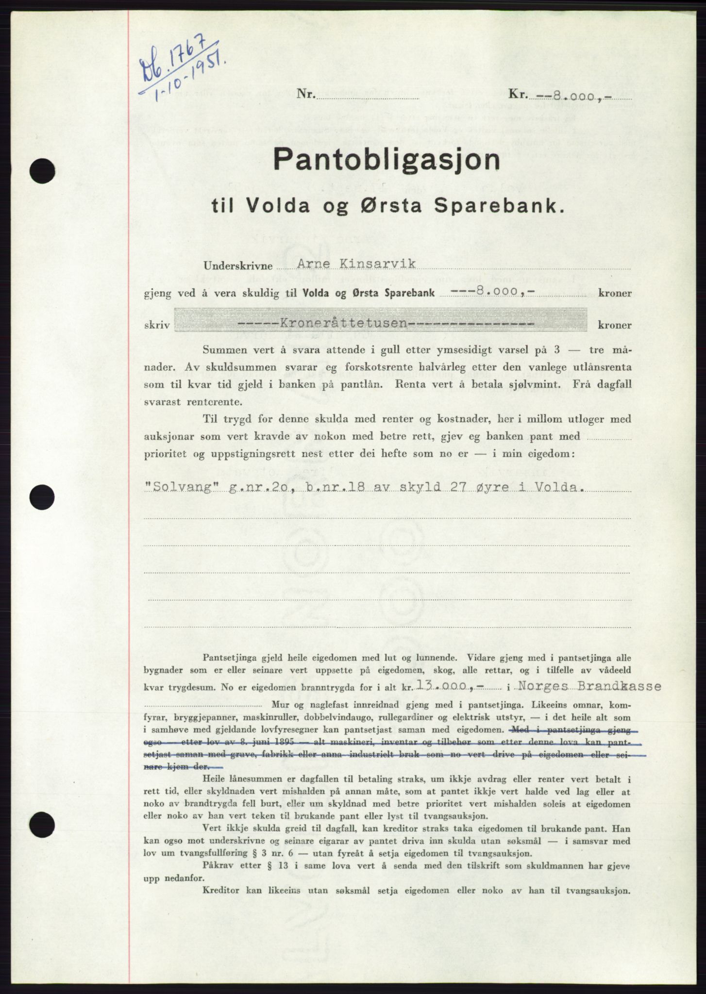 Søre Sunnmøre sorenskriveri, SAT/A-4122/1/2/2C/L0120: Pantebok nr. 8B, 1951-1951, Dagboknr: 1767/1951