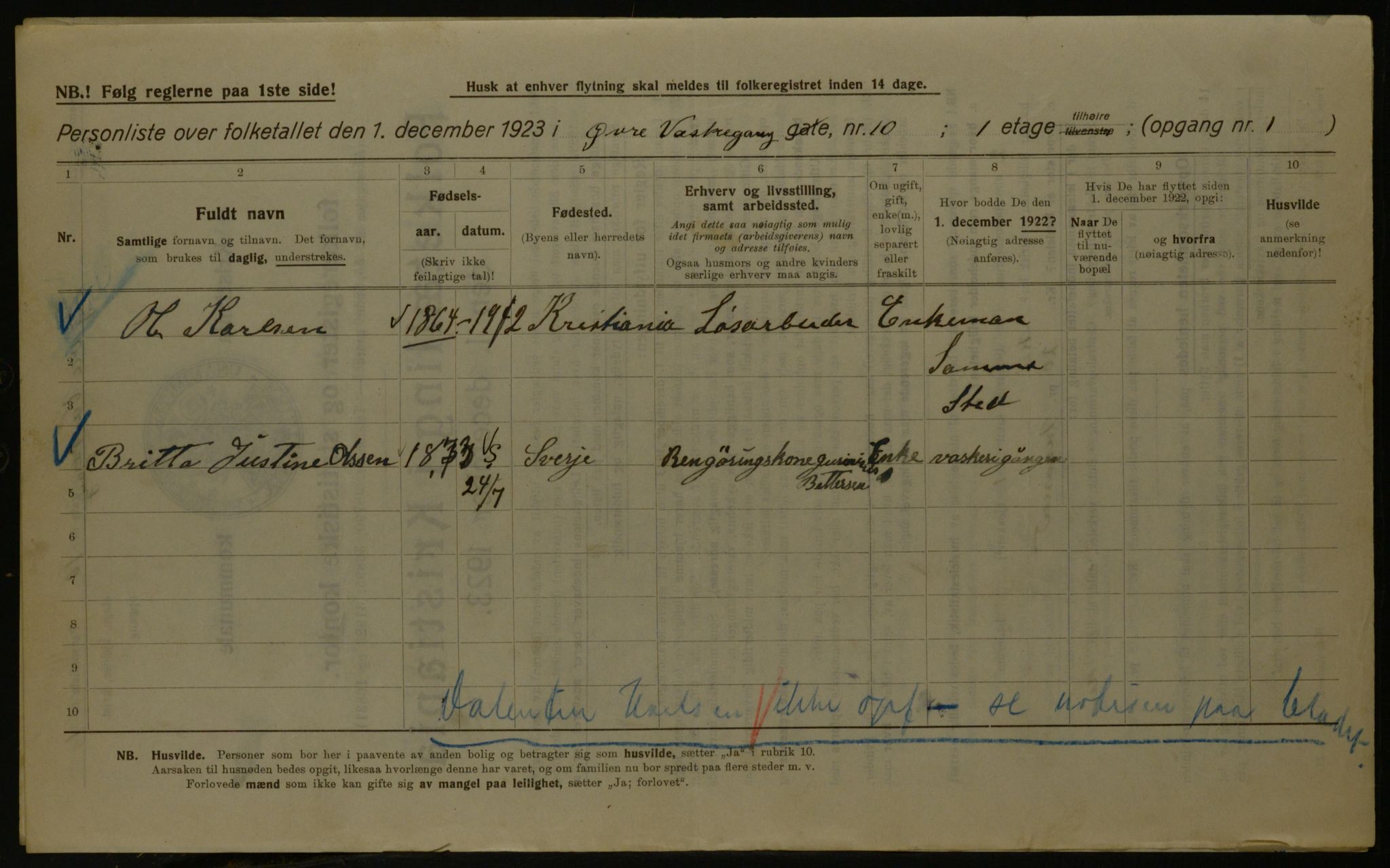 OBA, Kommunal folketelling 1.12.1923 for Kristiania, 1923, s. 143300